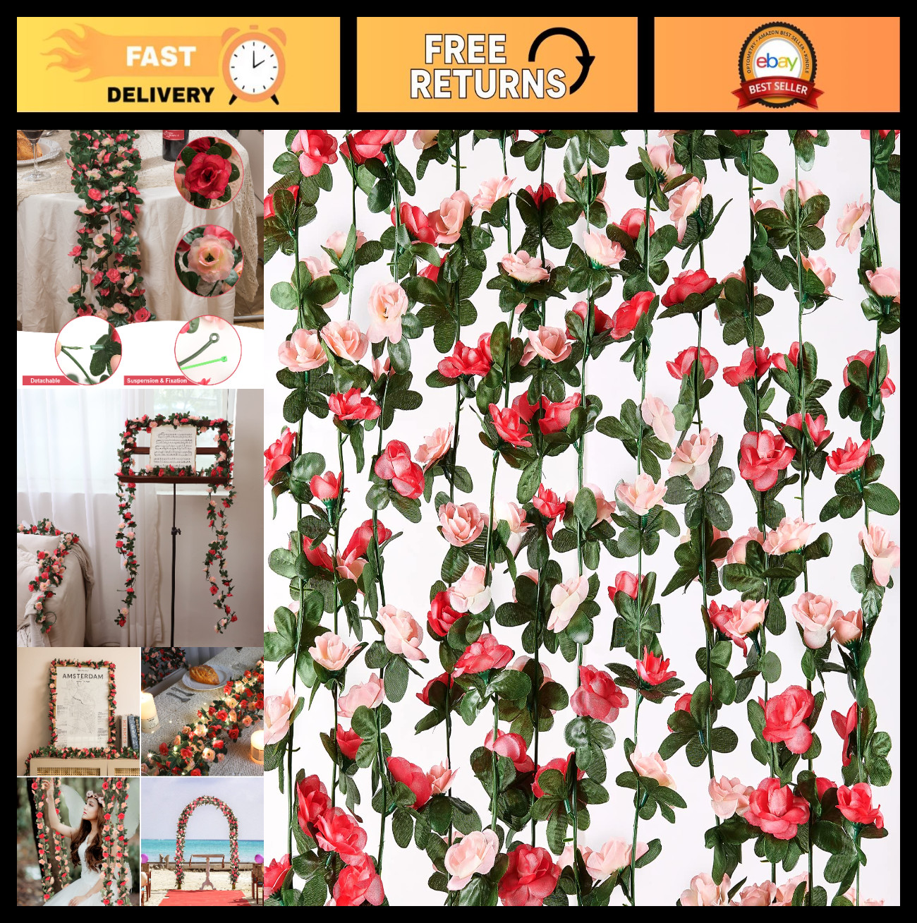 8 Strands Flower Garland Vines 66Ft – Rose Floral Decor for Bedroom, Party, Gard