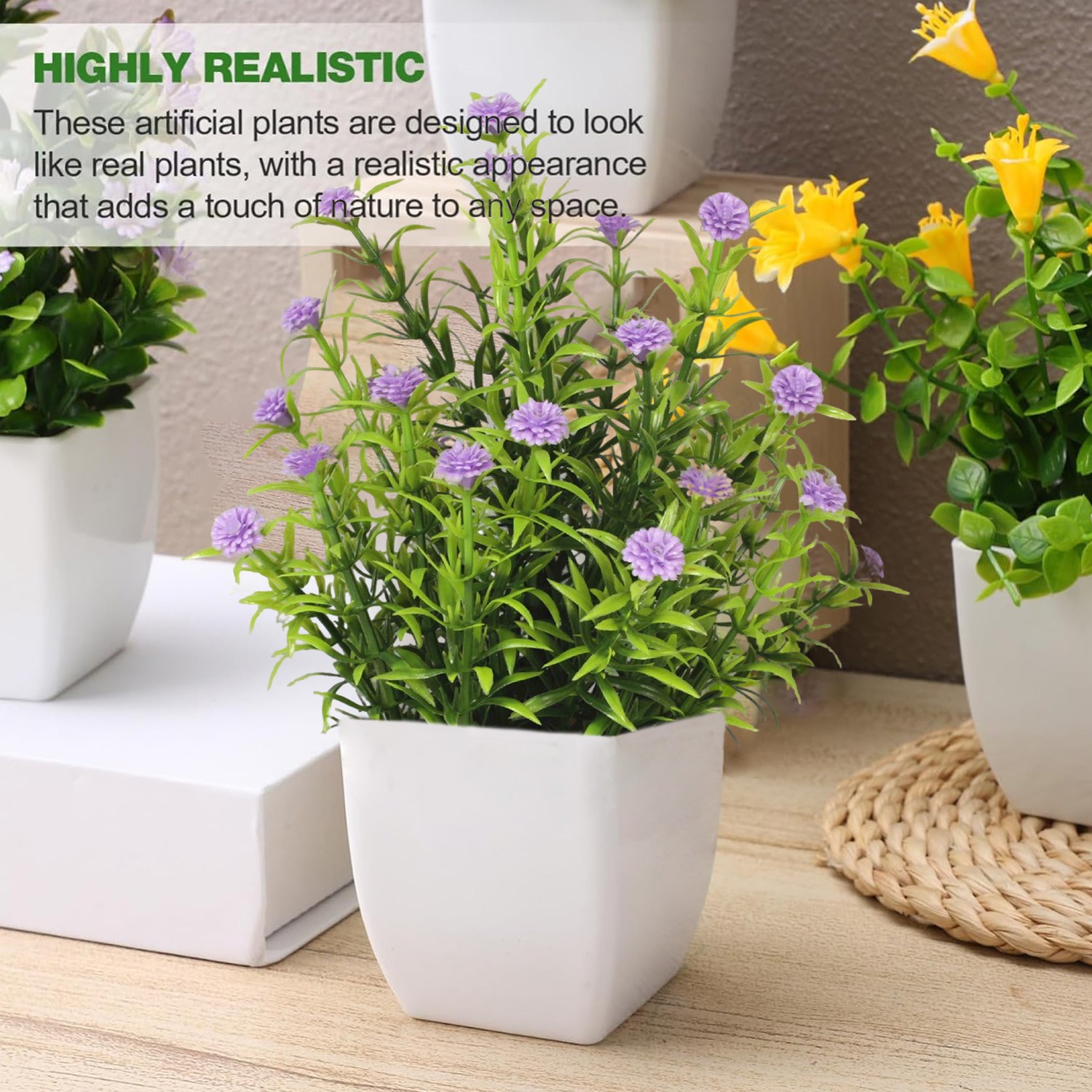 4 Pack Fake Plants Small Artificial Potted Faux Plants with Flowers Office Decor