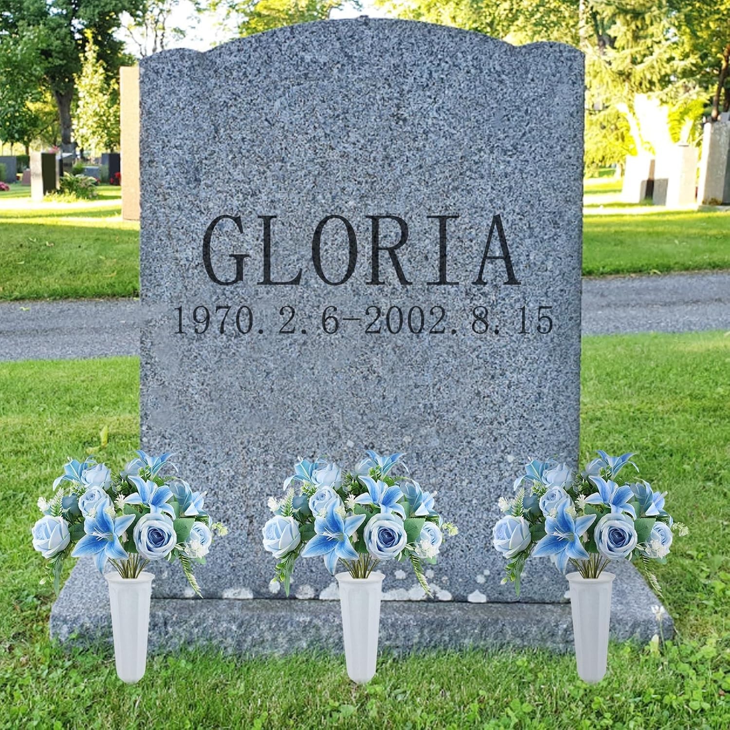 Artificial Cemetery Flowers 2 Set Lilies Roses Mixed Blue Silk with Vases