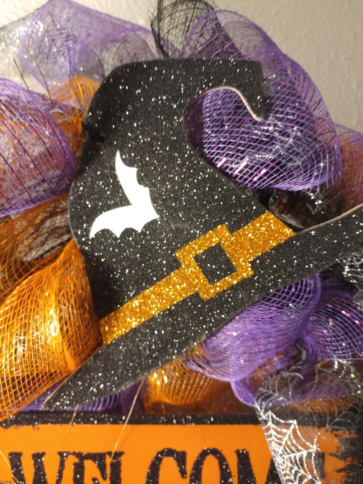 Fall – Halloween Witch Wreath, Handmade Deco Mesh, Welcome, Purple Orange