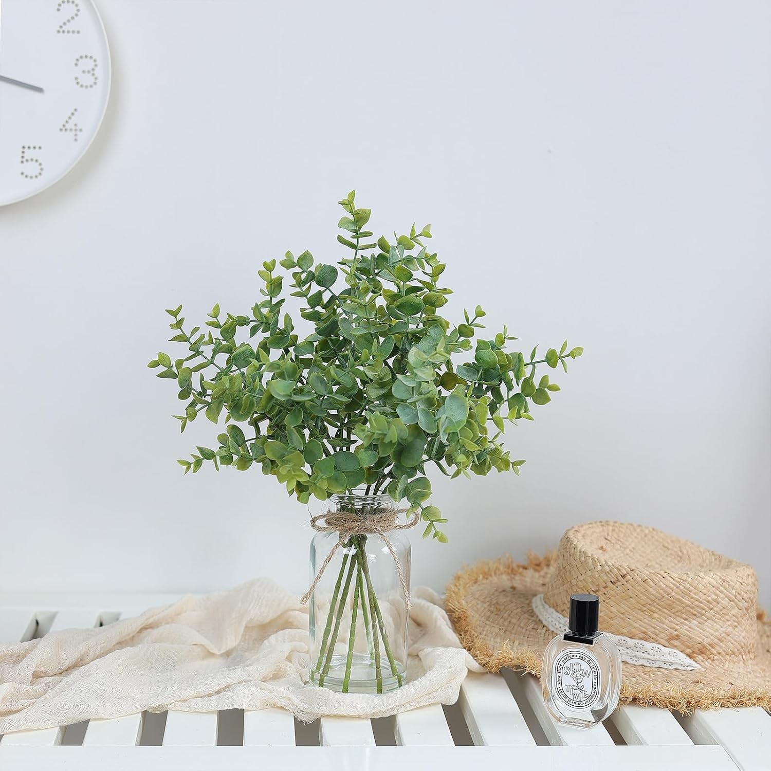 Fake Eucalyptus Stems in Glass Vase with Faux Water,14″ Artificial Plants