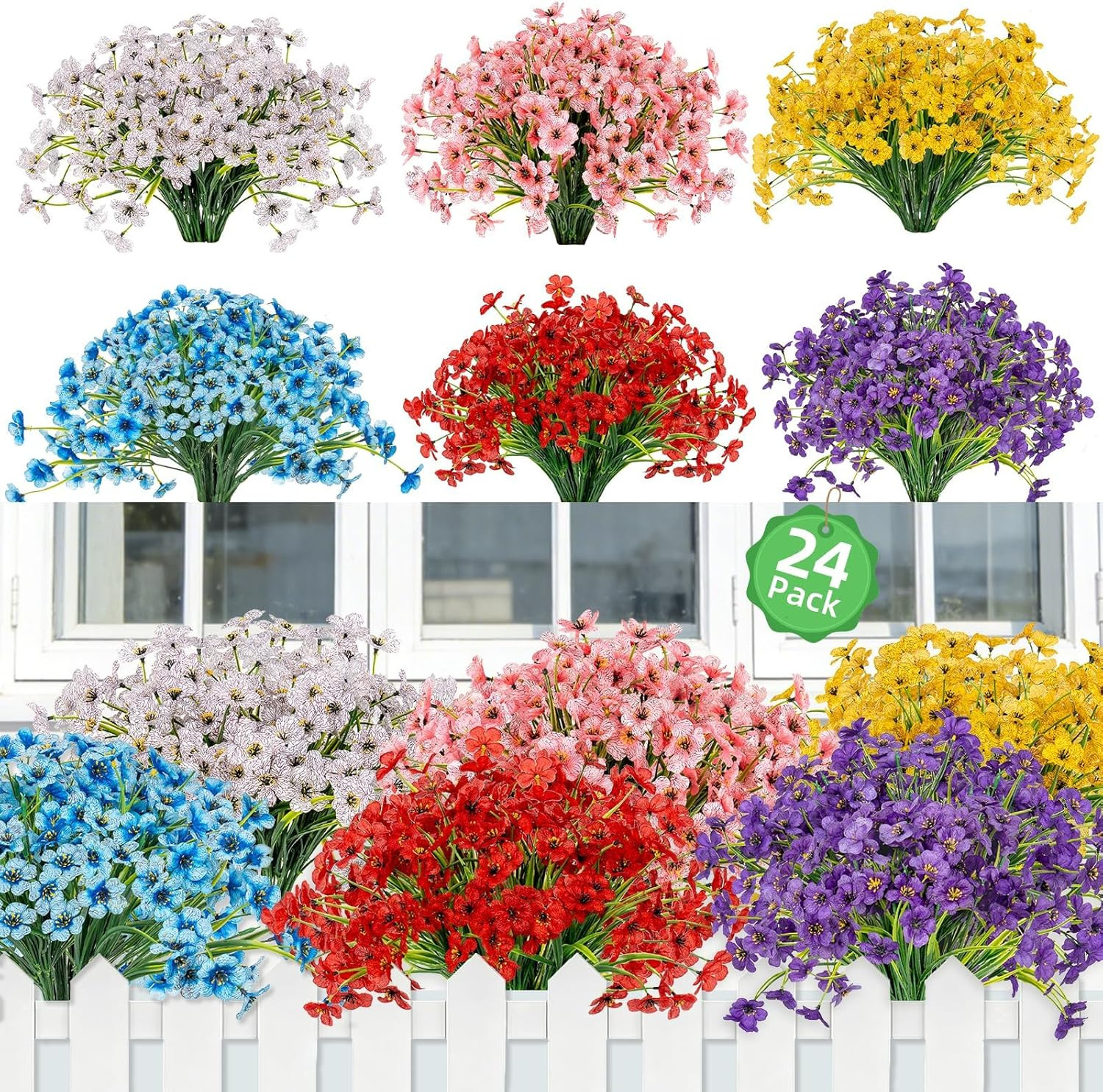 PADONISE 24 Bundles Artificial Flowers UV Resistant, Fake Silk Flowers Bulk for