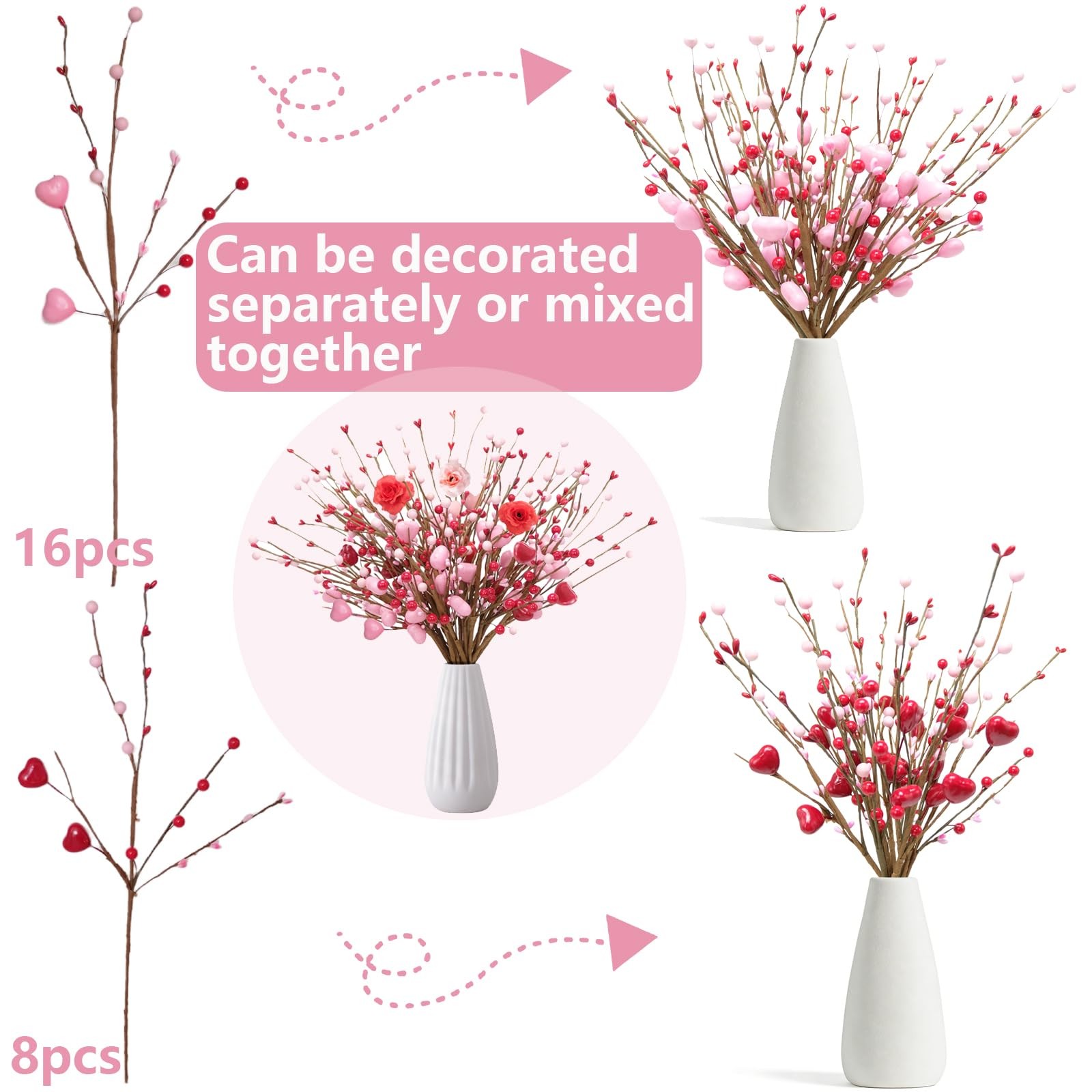 25Pcs Pink Heart Berry Picks with Red Berries Valentines Day Decorations – Ar…