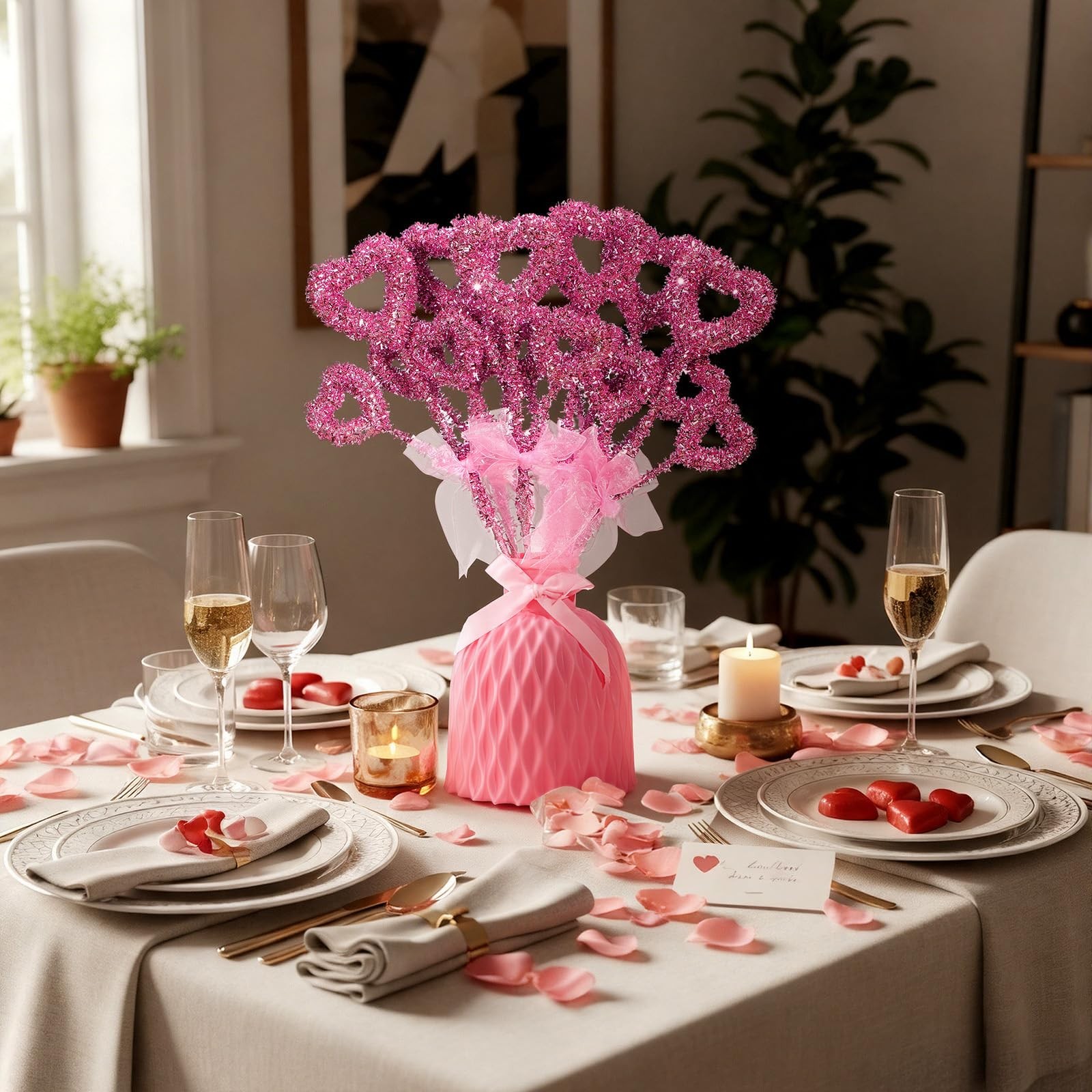 6 PCS 14 Inch Pink Valentine Tree Topper Glitter Tinsel Heart Picks Decor