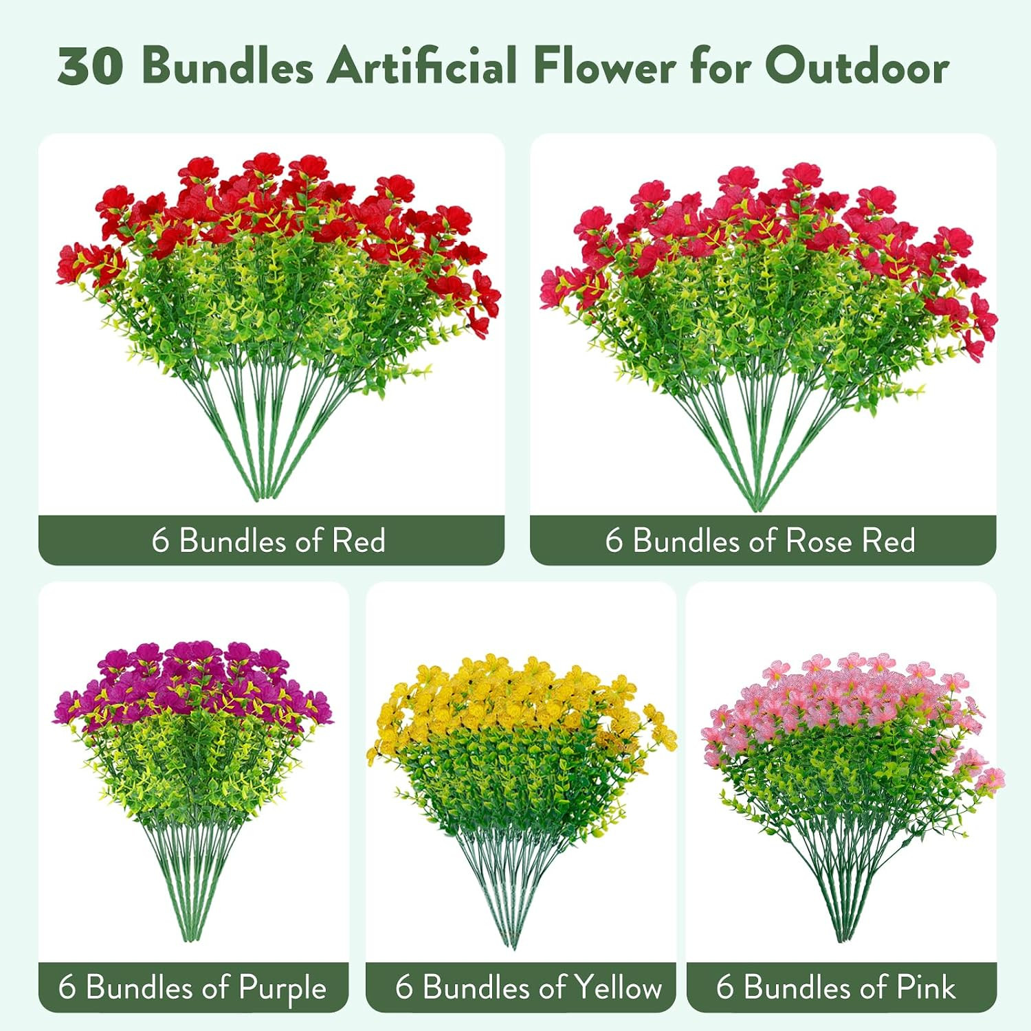 30 Bundles UV Resistant Faux Flowers for Outdoor Spring/Summer Decor