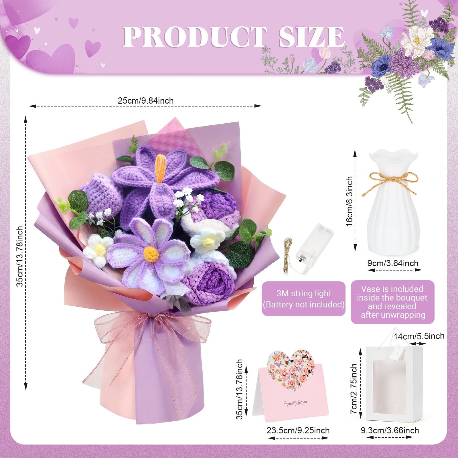 Handmade Crochet Flower Bouquet with Lights – Purple Tulips, Lilies, Roses & Dai