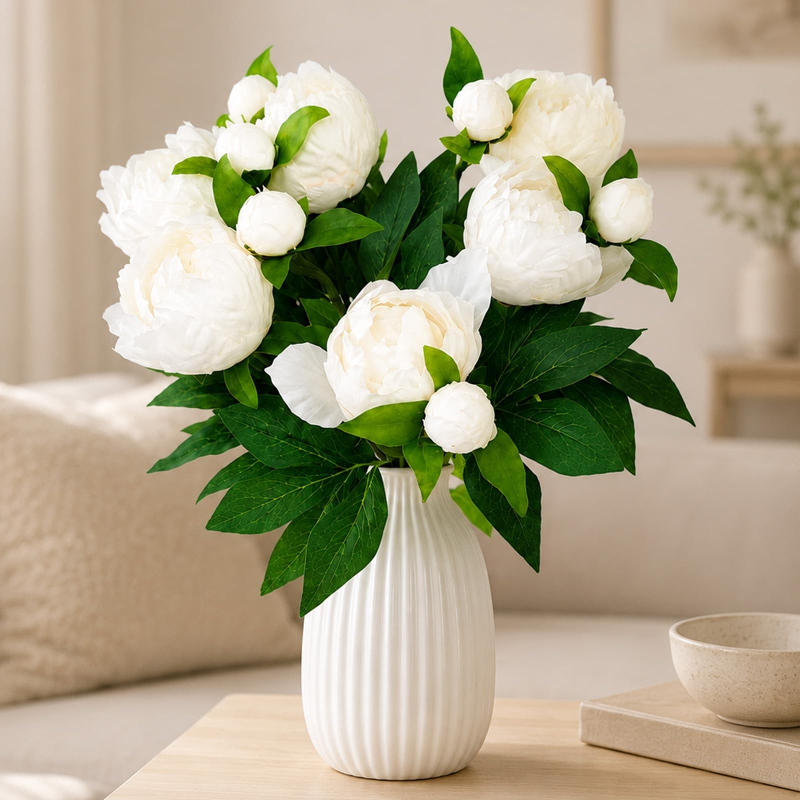 Cream White Peonies Artificial Flowers, 6 Pcs Silk Peony Bouquet