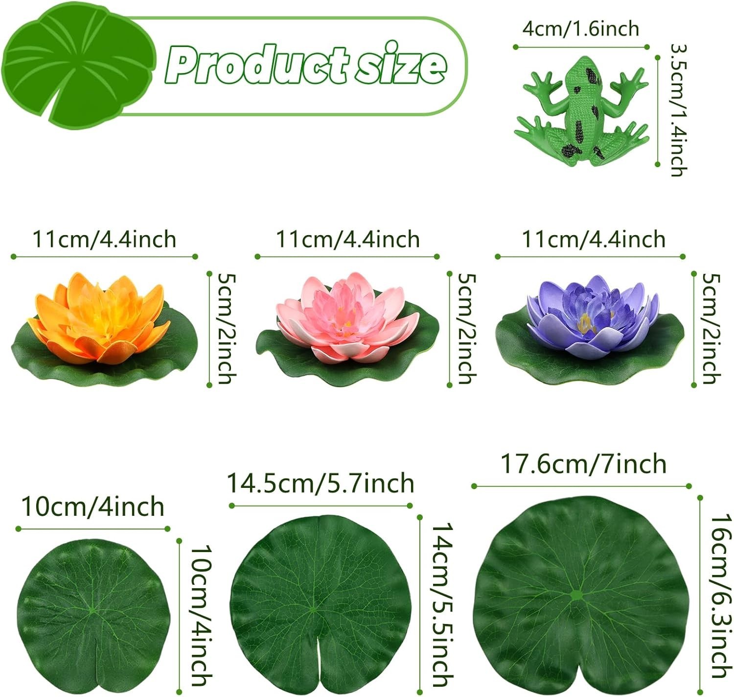 Colorful 10pc Floating Foam Lotus Set with Frog for Pool & Pond Decoration