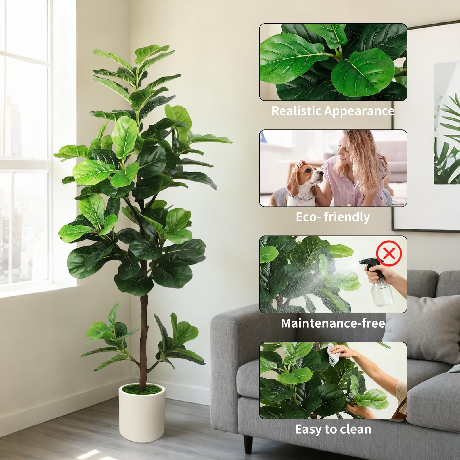 5FT Artificial Fiddle Leaf Fig Tree with White Planter & Fake Moss, Realistic…