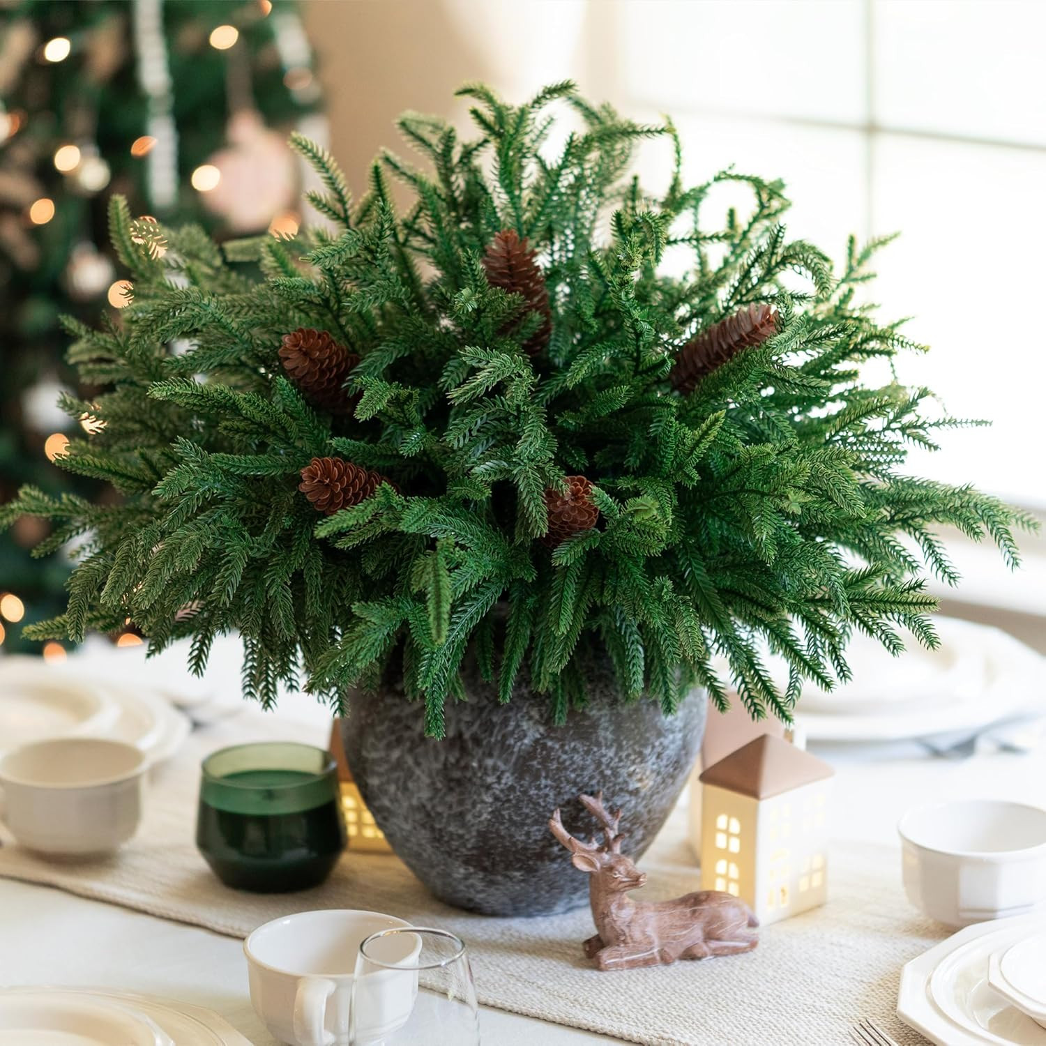 12pc 19″ Christmas Norfolk Pine Stems,Real Touch Faux Cedar Pine w/ 5PC Big Pine