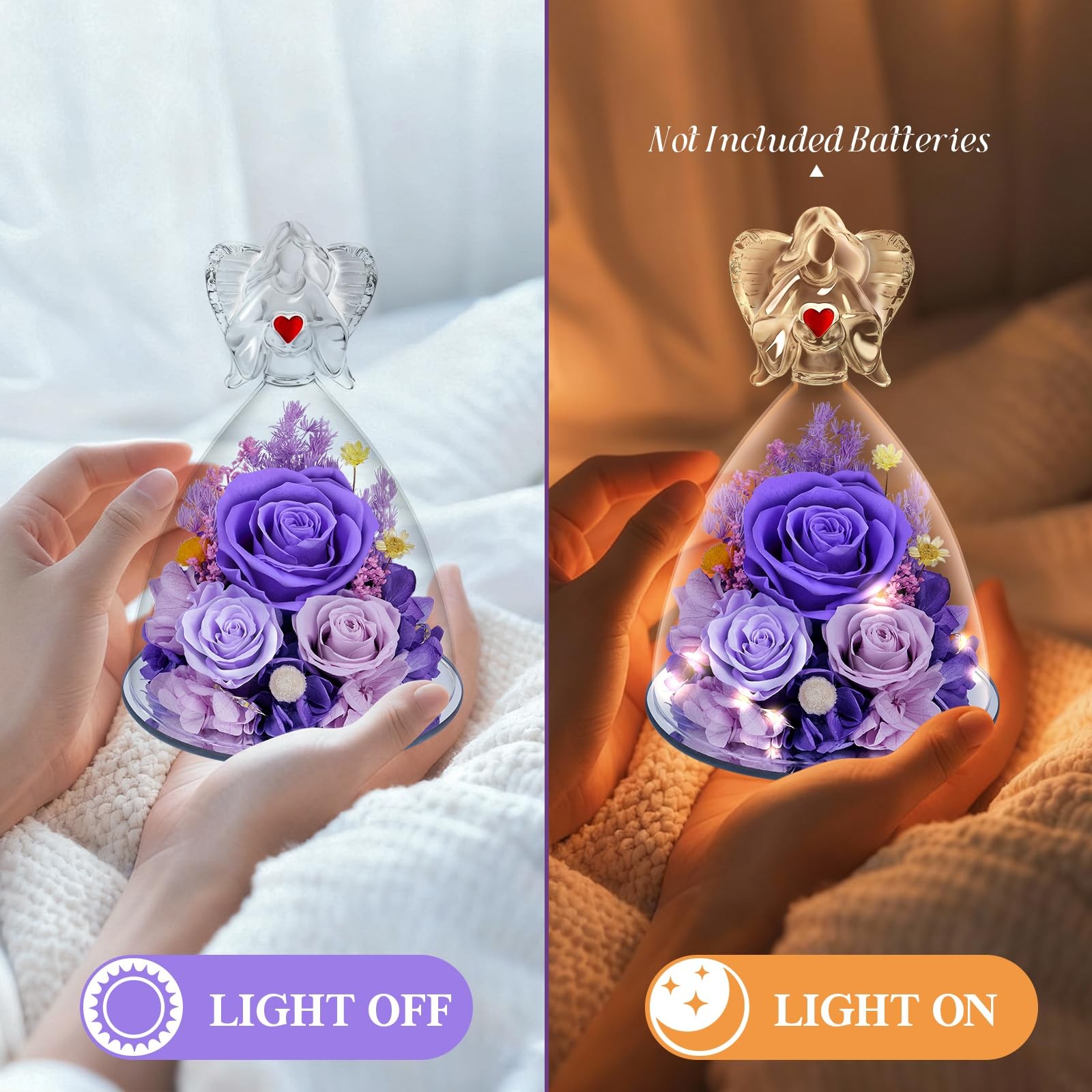 Vryblos Preserved Flowers in Glass Angel Figurine with LED Light,Forever Real…