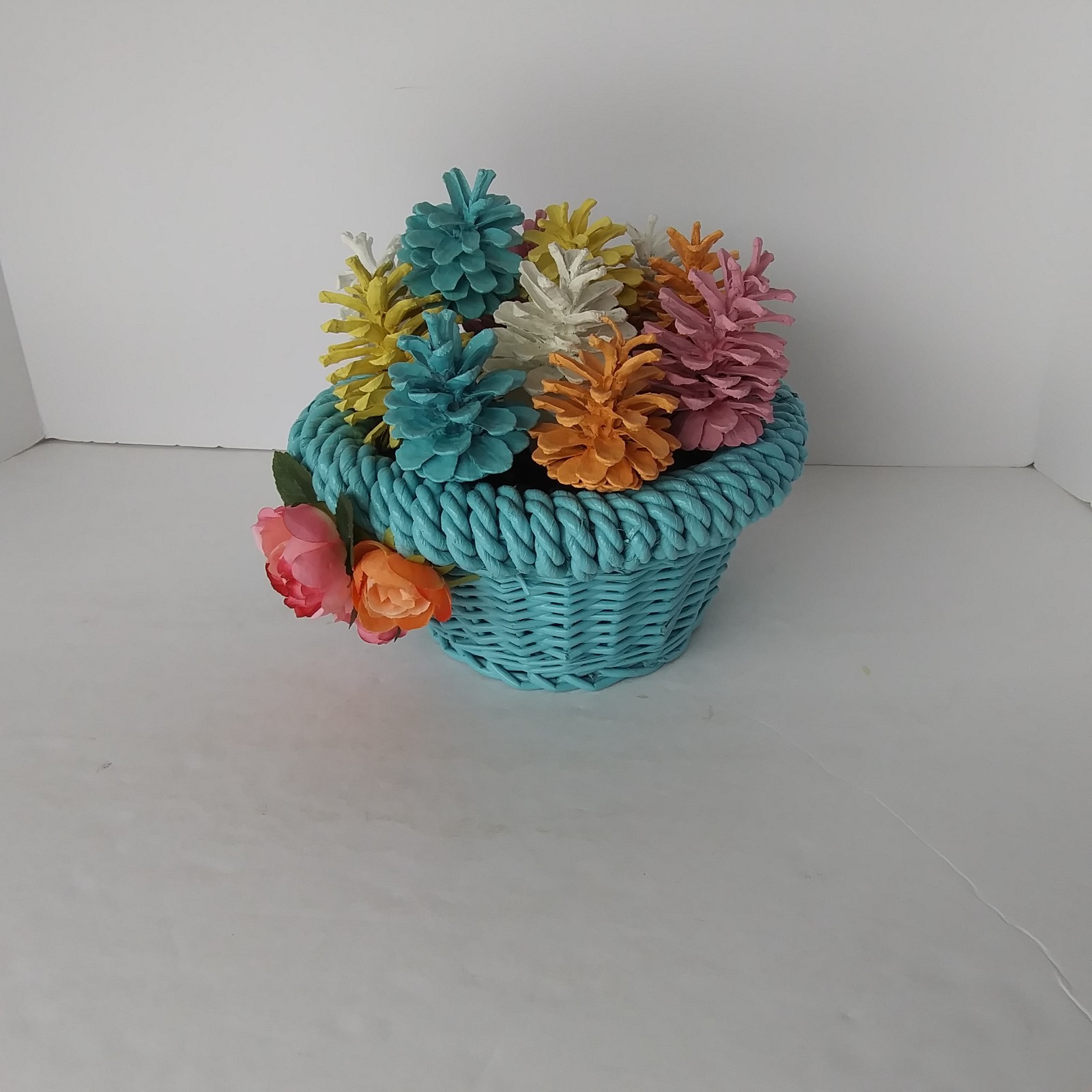 Colorful Pinecone Floral Basket Arrangement Teal Woven Pot Spring Decor Reversib