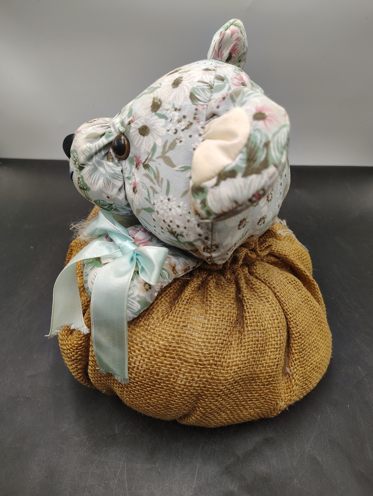 VTG Floral Teddy Bear Burlap Pumpkin Fabric Doorstop 9 Inch Heavy 3 Lb