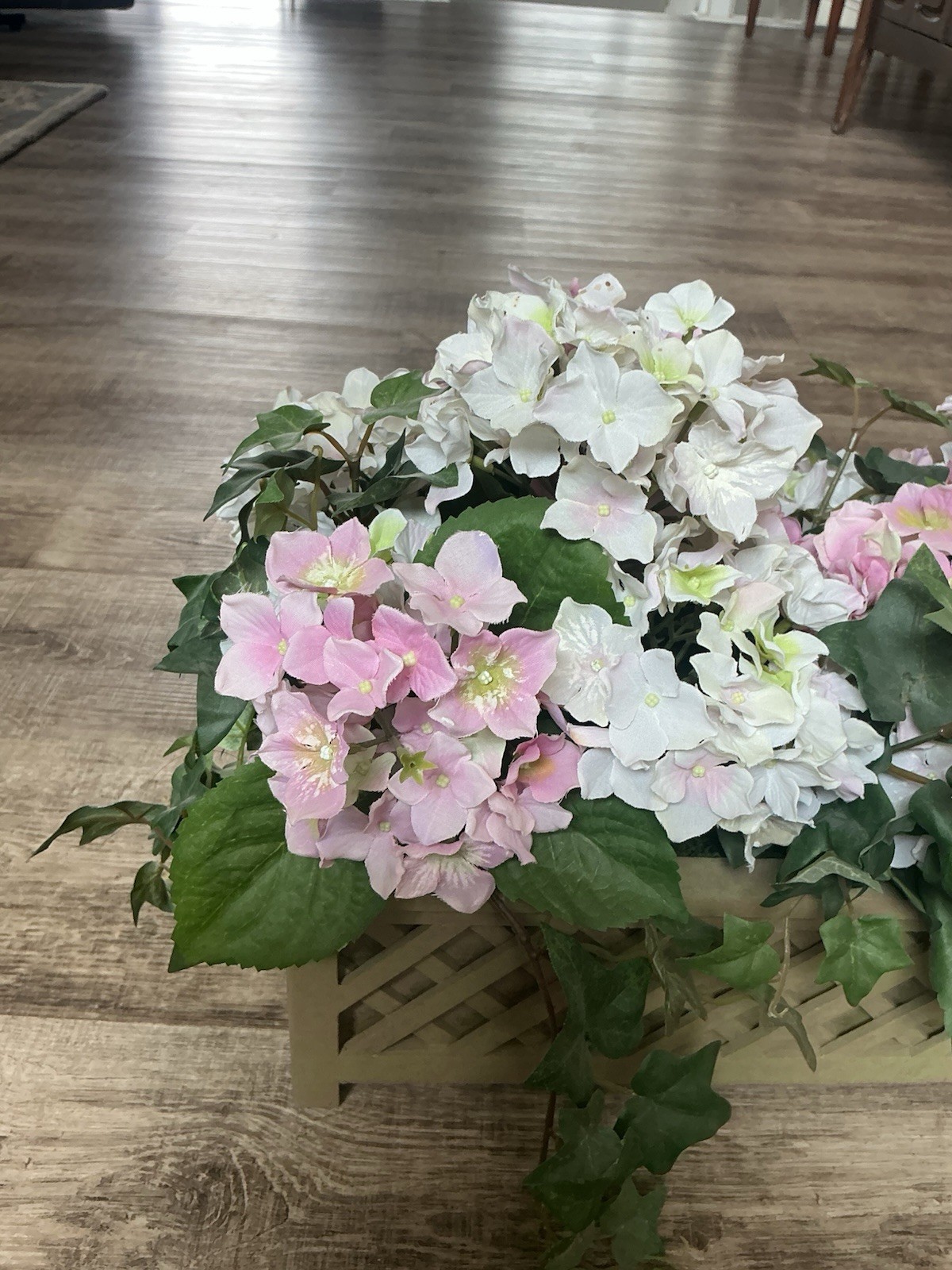 Hydrangea Faux Flower Arrangement Pink White In Planter Box 14x5x6