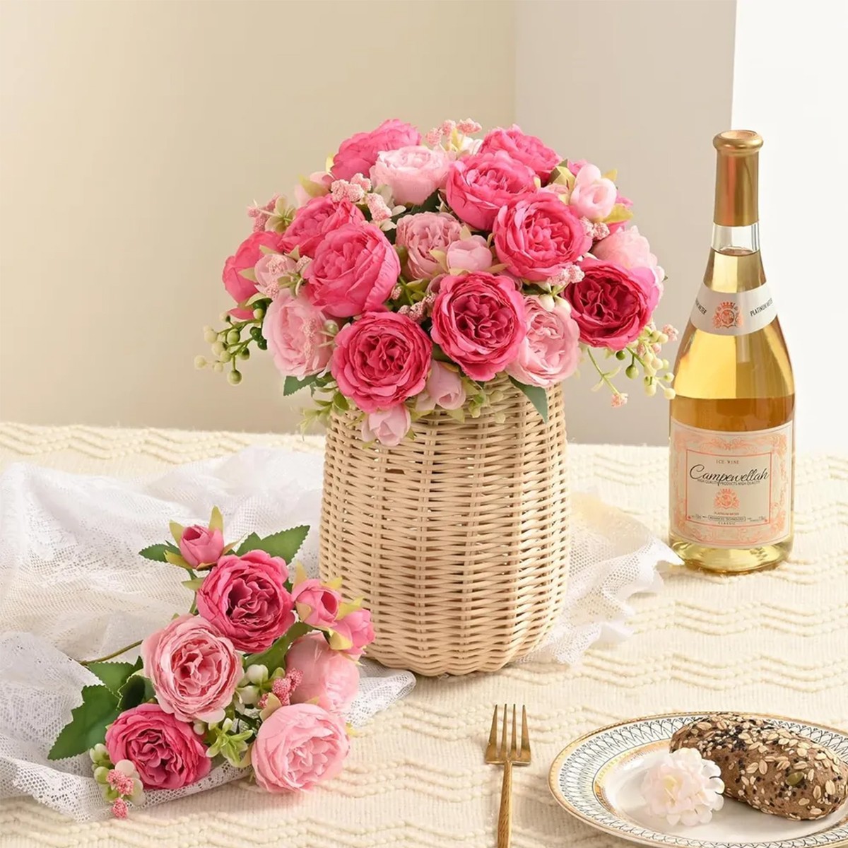 4 Bundles Pink Peony Fake Artificial Flowers Bouquet For Wedding Decoration