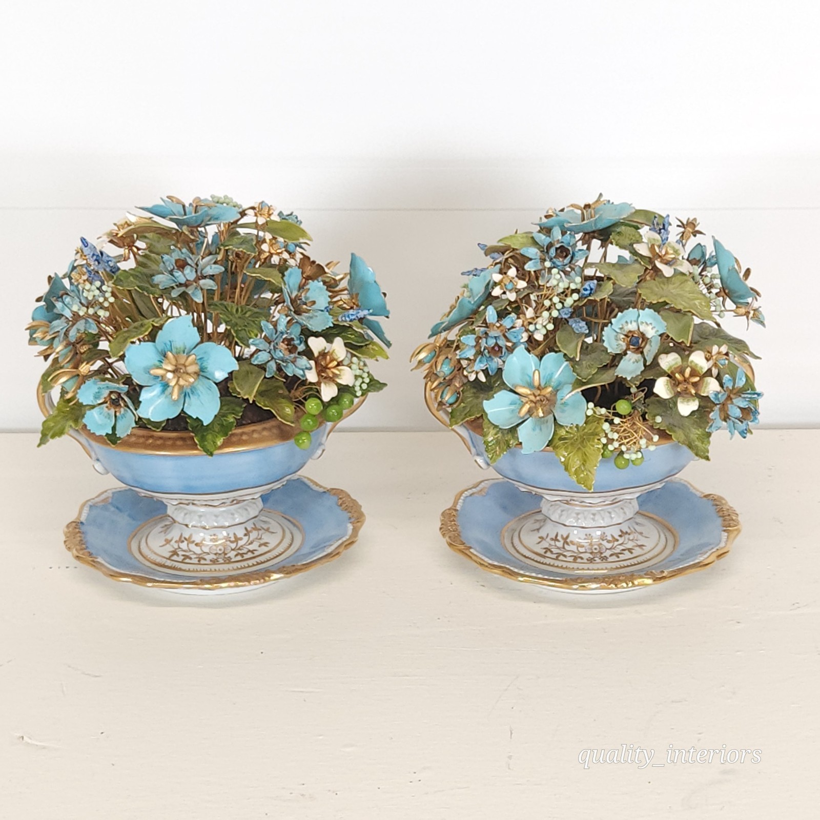 Pair Jane Hutcheson for Gorham Blue 2 Handled Teacup & Saucer Floral Arrangement