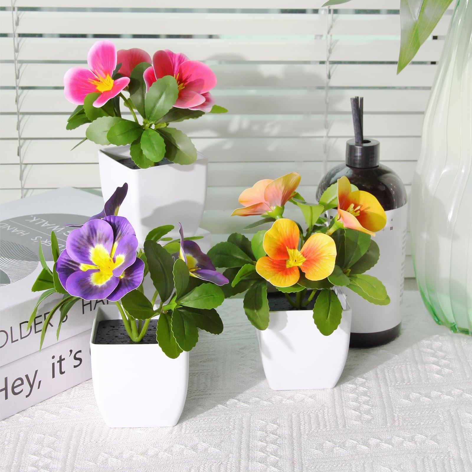 6 Pack Artificial Pansy Flowers In Pots 5.9 Inch Mini Fake Potted Plants