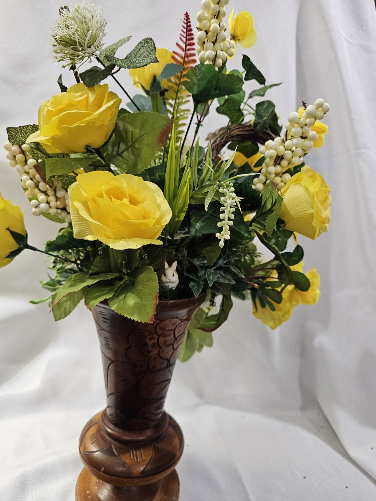 Beautiful Yellow Rose Floral Arrangement in unique handcarved Vase 22″ H x14″ W