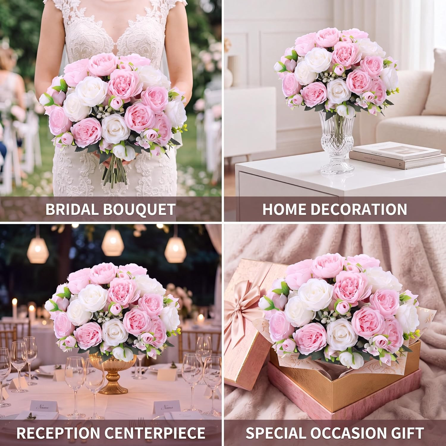 8 Bundles Silk Peony Flowers for Wedding Party Décor – White & Pink