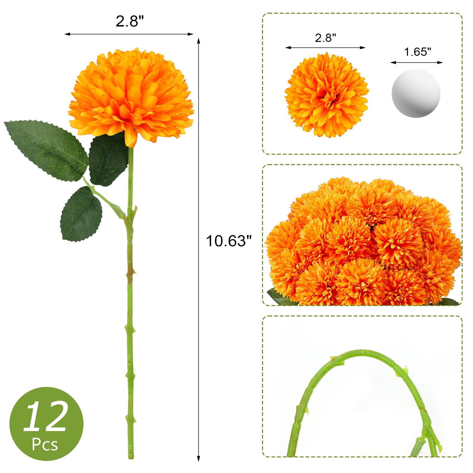 12 PCS Orange Artificial Silk Chrysanthemum Mums Ball Fake Flowers Decor