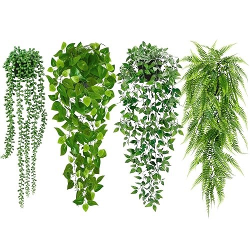 4 Pack Artificial Hanging Plants – Faux Greenery, Mandala Vine, String of Pearls