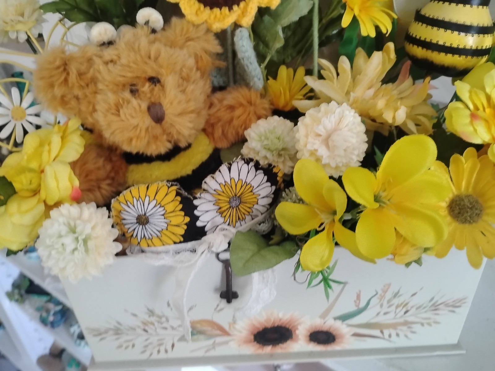 Handmade Sunflower & Bee Centerpiece In A Decorative Box With Floral And Greens,