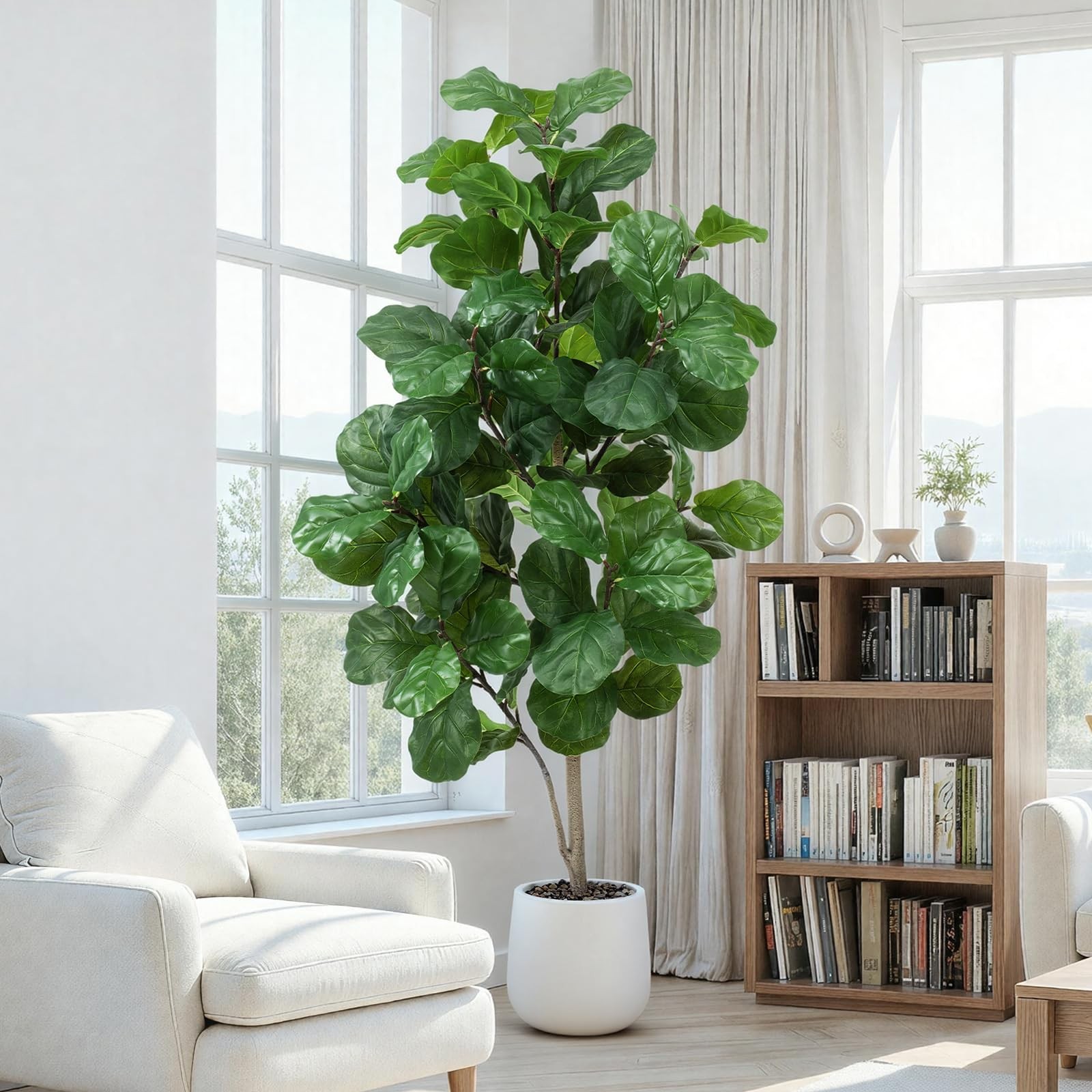 Faux Fiddle Leaf Fig Tree 6ft Tall Indoor Fake Tree in White Pot with 106 Lea…