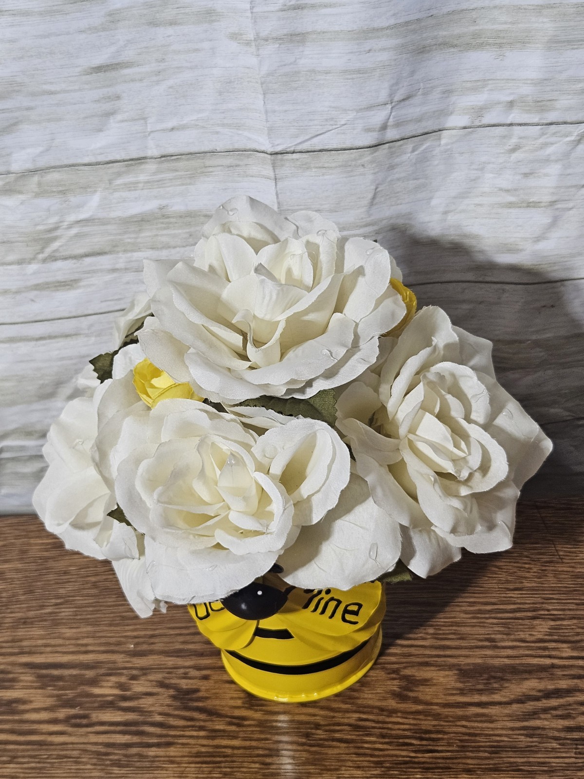 Homemade Bee Mine White Rose Flower Arrangement In A Yellow N Black Tin Bucket