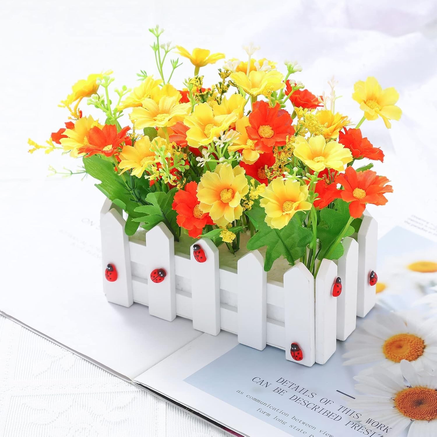 Jexine Artificial Flower Plants Potted in Picket Fence (6.3 Inch, 24 Pcs)