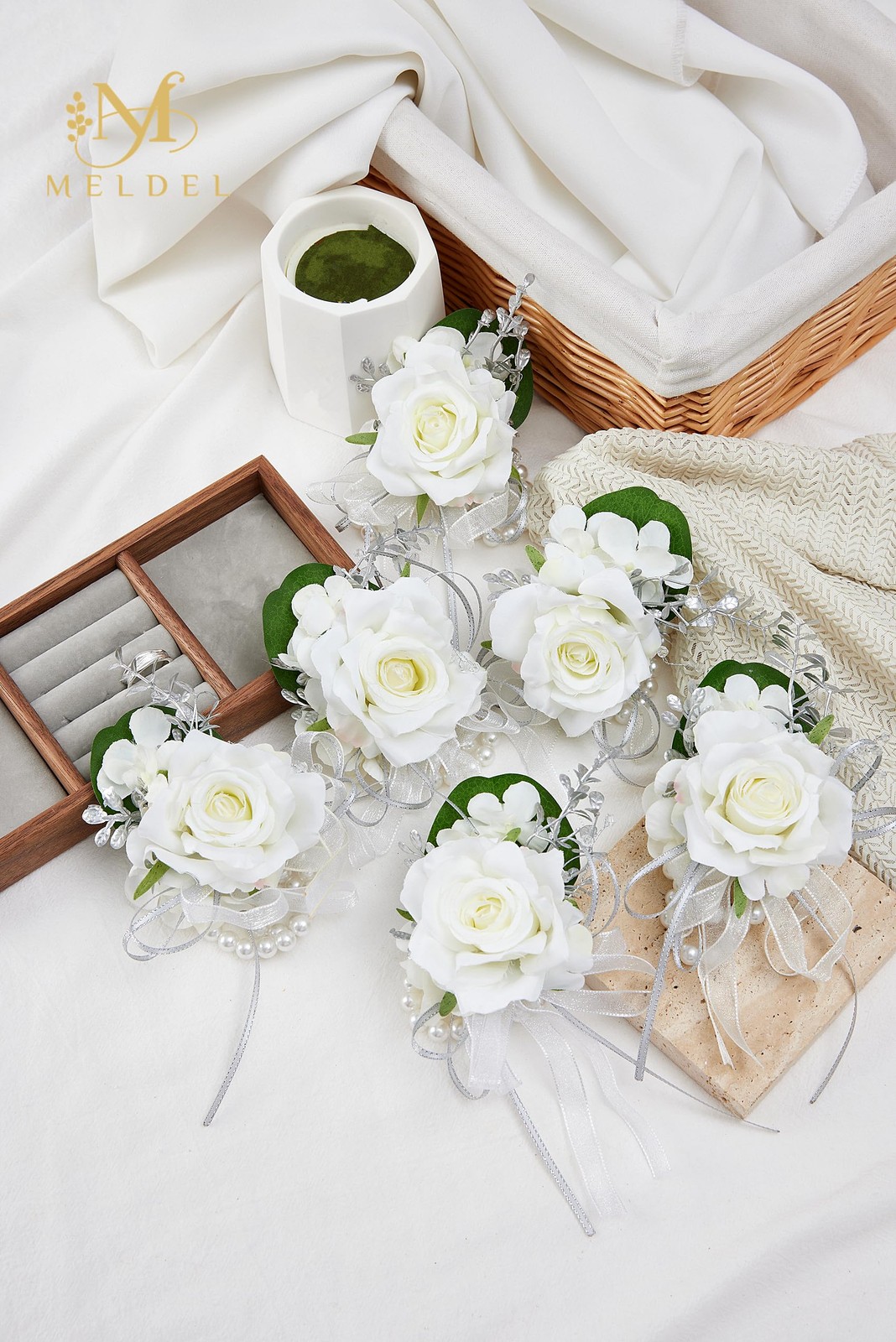6 PCS Artificial White Rose Wrist Corsage Prom Wedding Bride Party Women