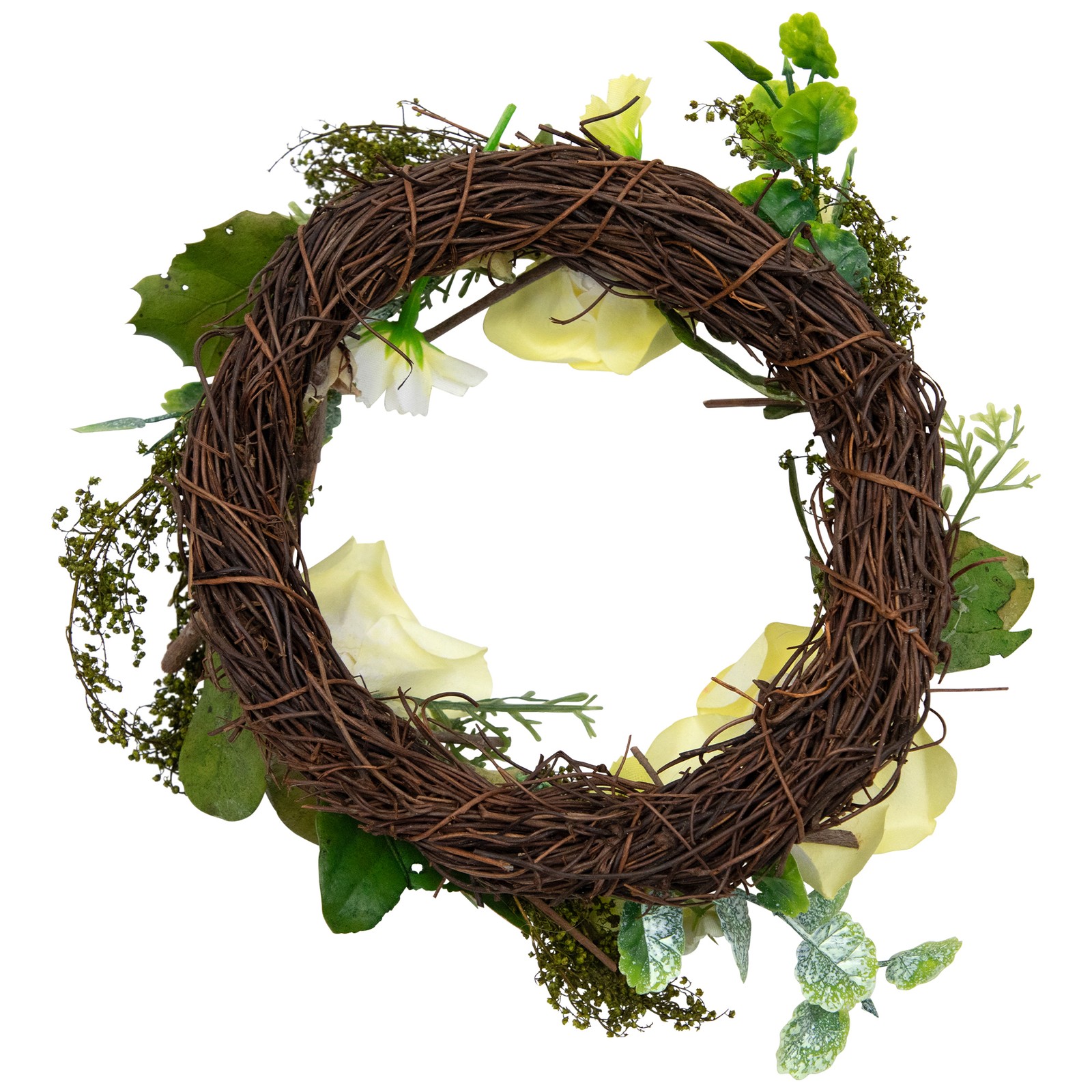 Mini Rose and Foliage Artificial Spring Wreath – 7″ – Yellow