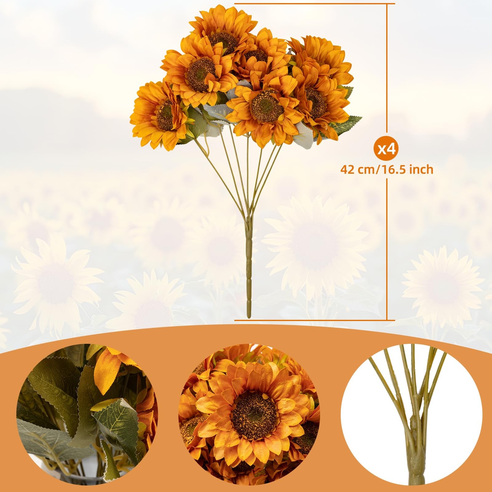 4 PCS 16.5inch Autumn Faux Sunflowers Artificial Flowers Bulk 28 Heads Fall S…
