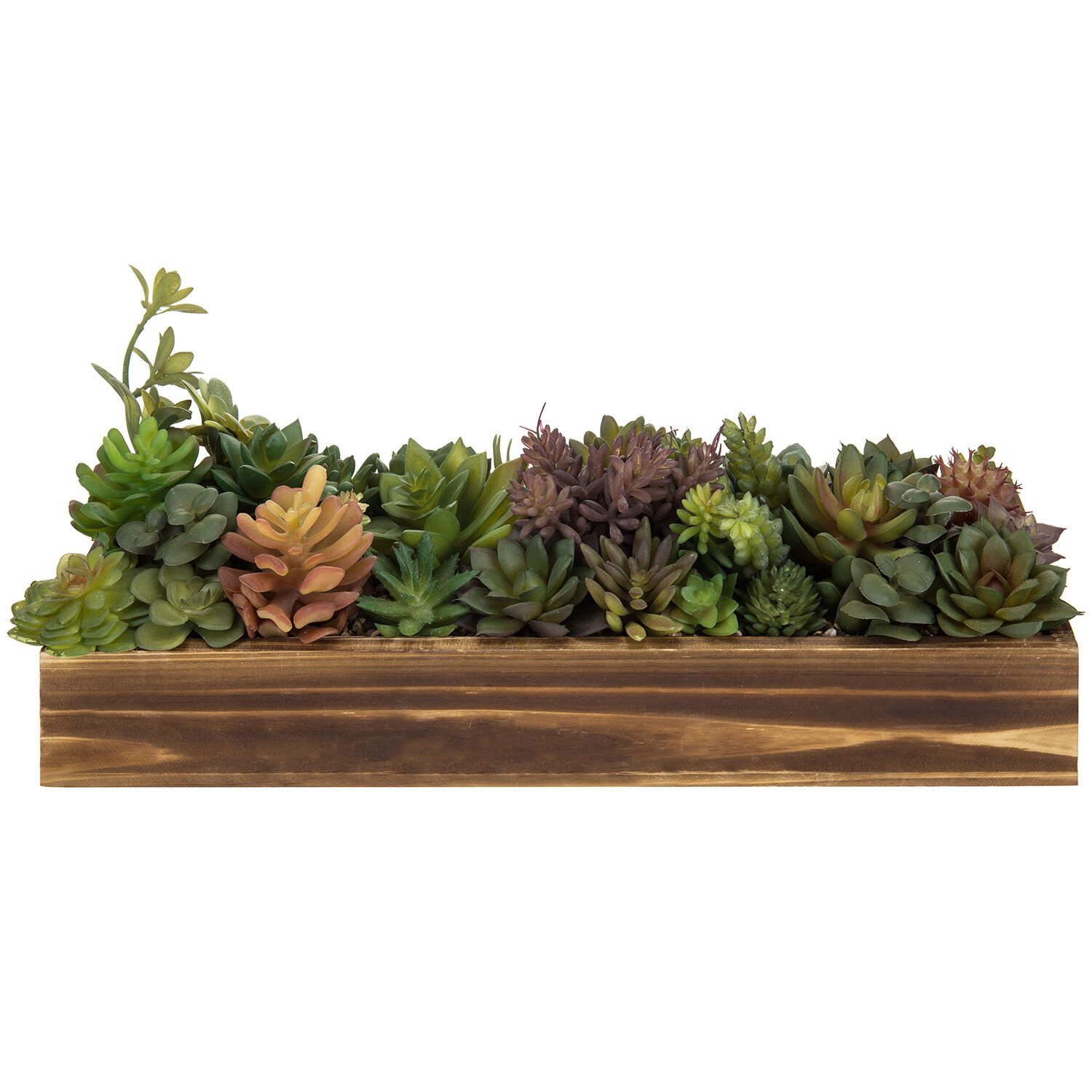 MyGift Faux Assorted Succulent Plant Arrangement in Rustic Brown Wood Planter