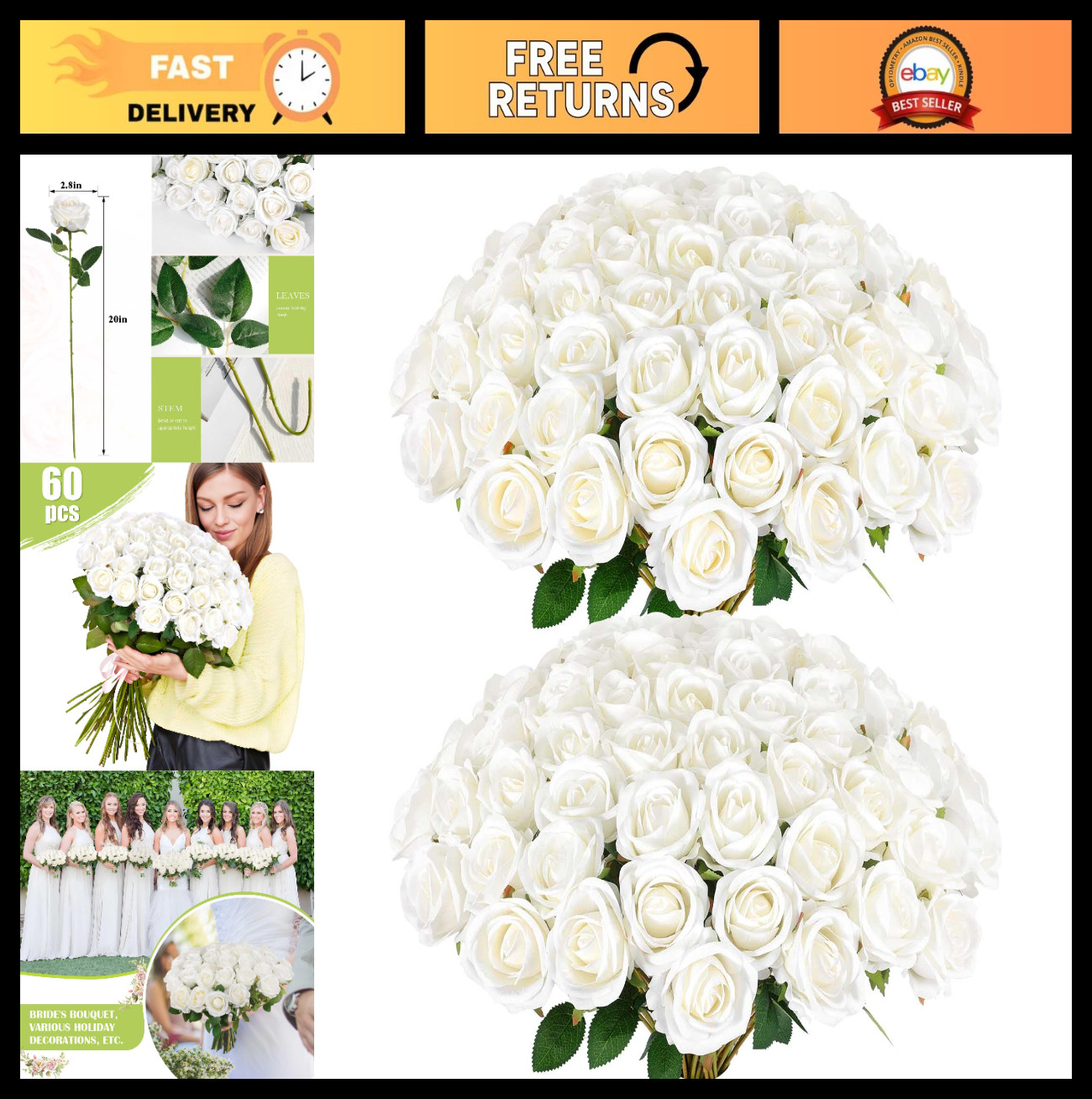 60 Pcs Velvet Silk White Artificial Roses for Wedding, Home Decor, Bouquets, Gif