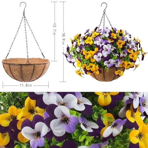 2 Set Artificial Pansy Flowers with Hanging Baskets – Silk Floral Decor for Spri