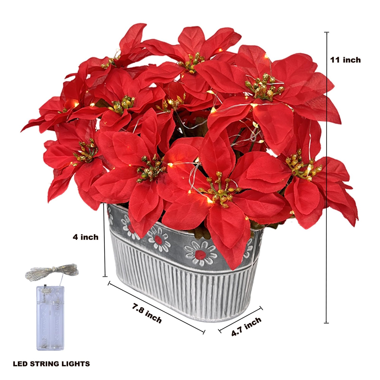 Best Christmas Poinsettia Table Centerpiece – Rustic Metal Pot with LED Lights