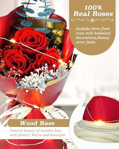 Preserved Rose Bouquet Glass Dome LED Real Flowers Gift for Her Mothers Day