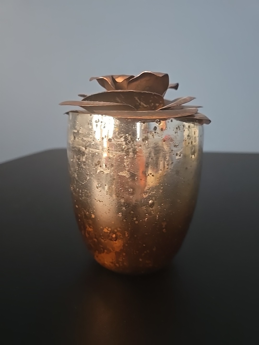 Copper Metal Rose Flower Top handcrafted bent welded & Partial Candle Glass