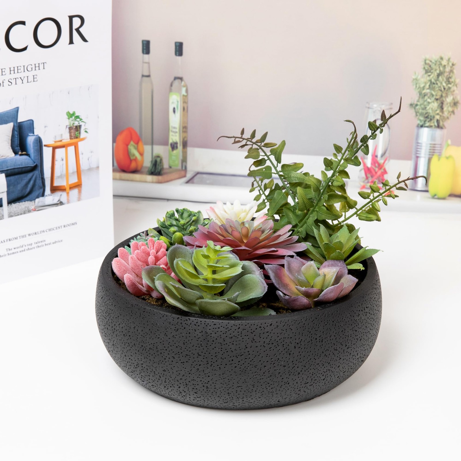 8 Inch Round Modern Artificial Succulent Plant Arrangement Black Planter