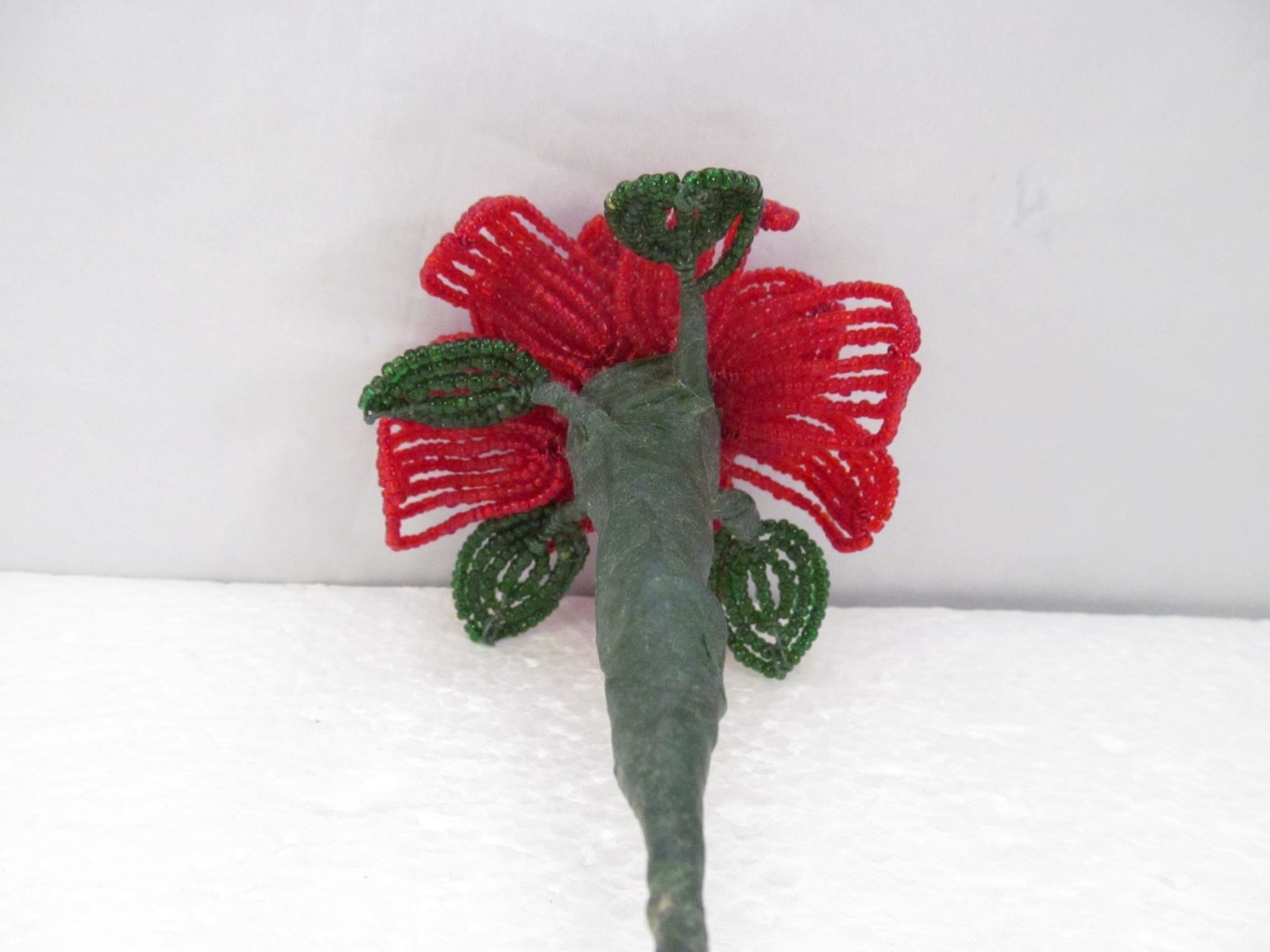 Handcrafted Red & Green French Beaded Flower with Stem Home Decor Gift 11 inch