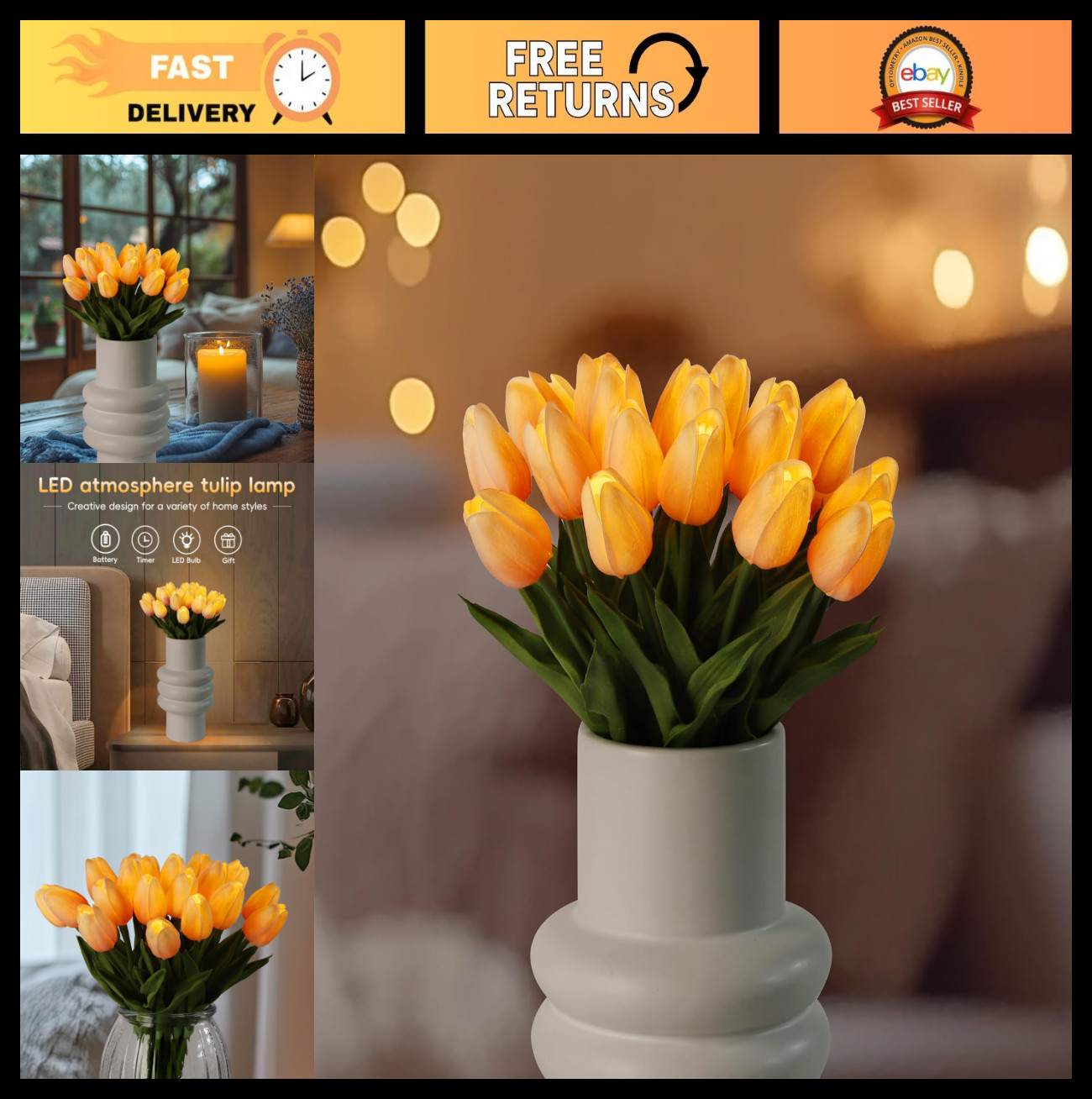 20pcs LED Tulip Night Light – Real Touch Artificial Flower Bouquet Home Decor