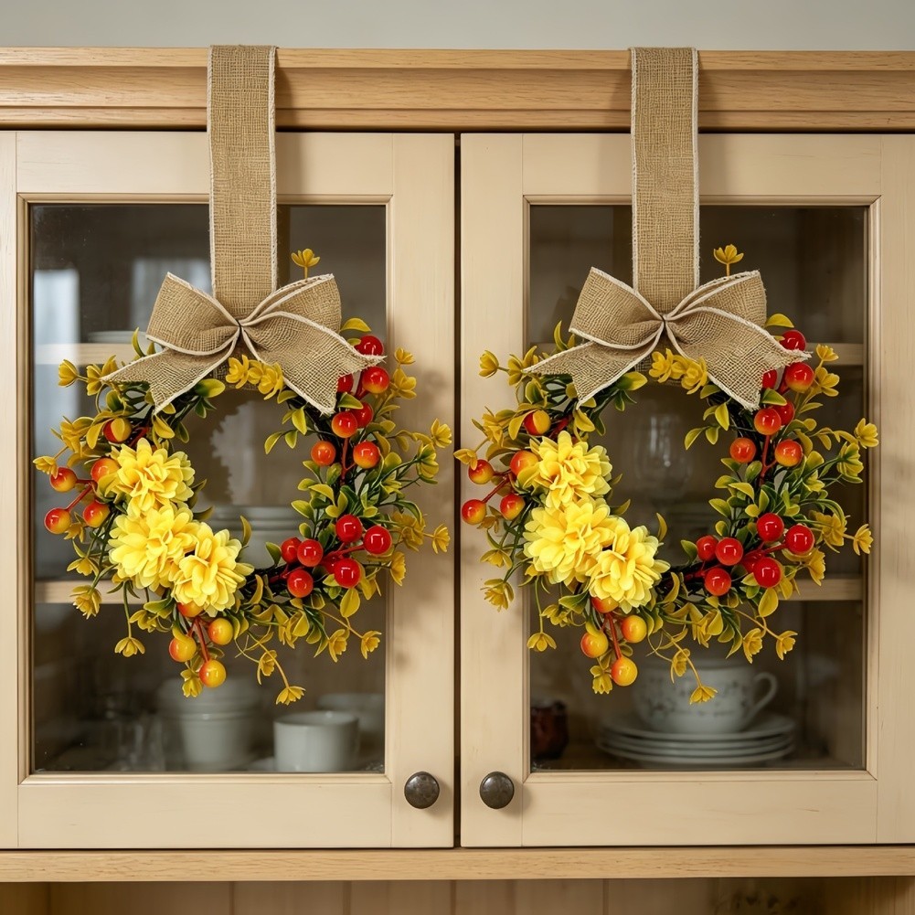 Plastic Wire Artificial Wreath with Chrysanthemums Berries Autumn Theme