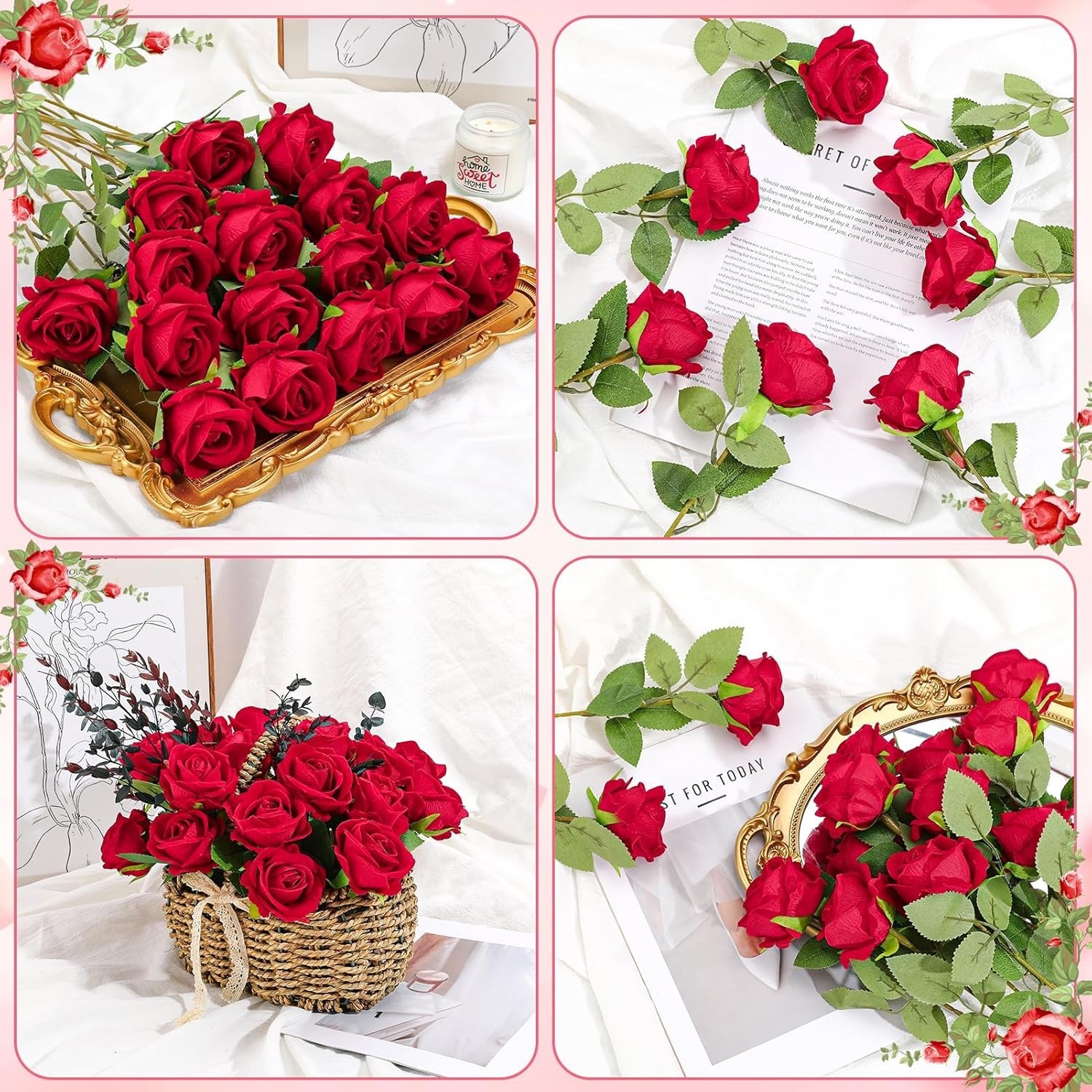 Realistic Red Rose Bouquet 36 Pcs Velvet Silk Flowers for Event Centerpieces