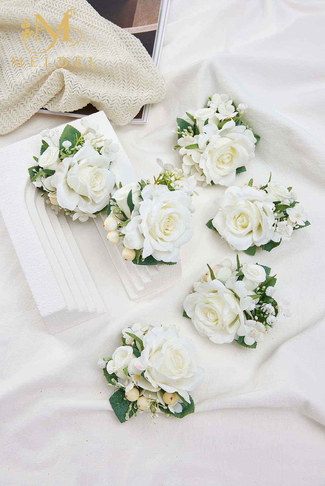 6 Pcs Mens Pocket Boutonniere, Artificial White Rose, Groom, Groomsman