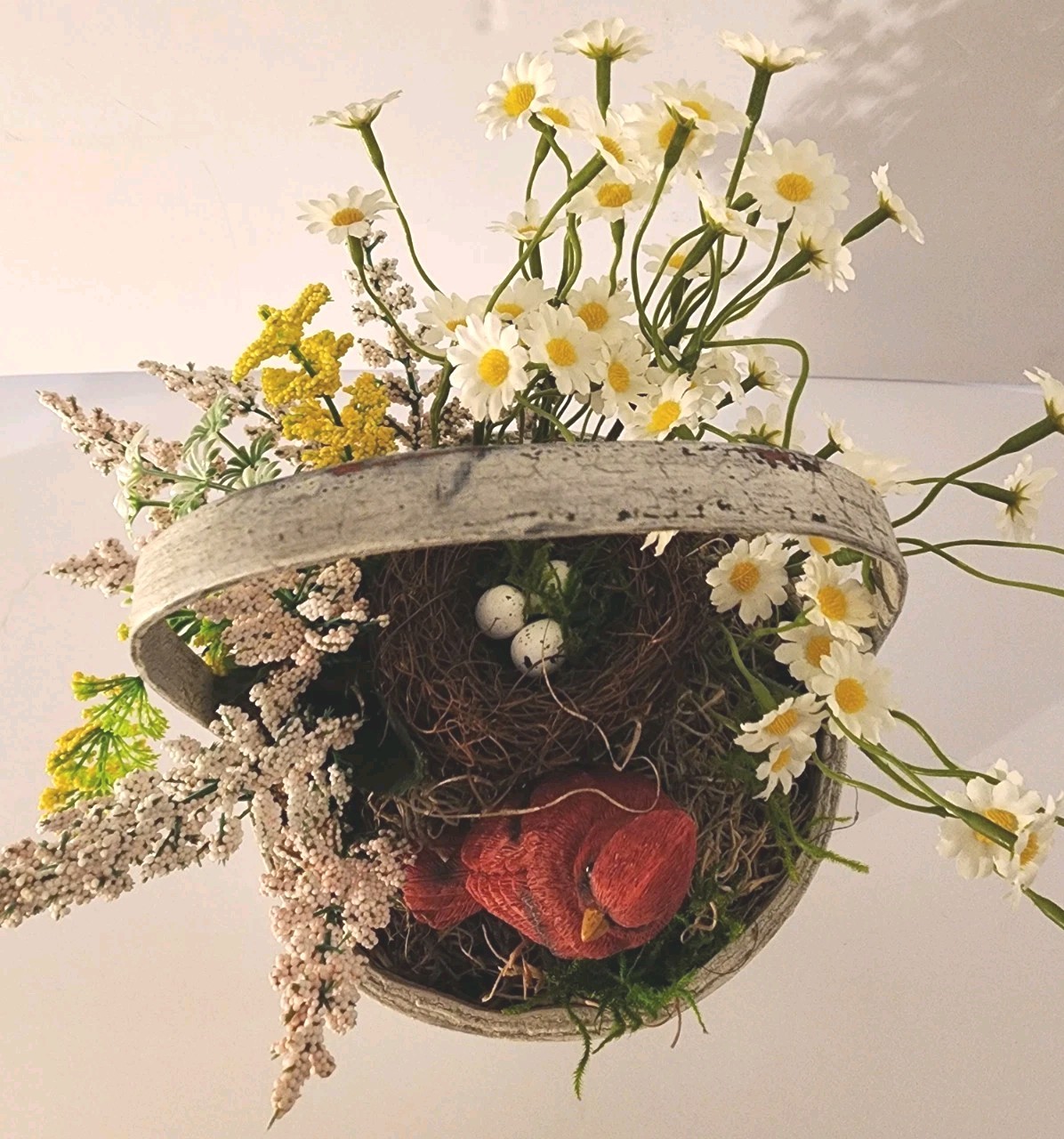 Artificial Bird Floral Arrangement In Crackled Apple Basket Summer Accent Piece