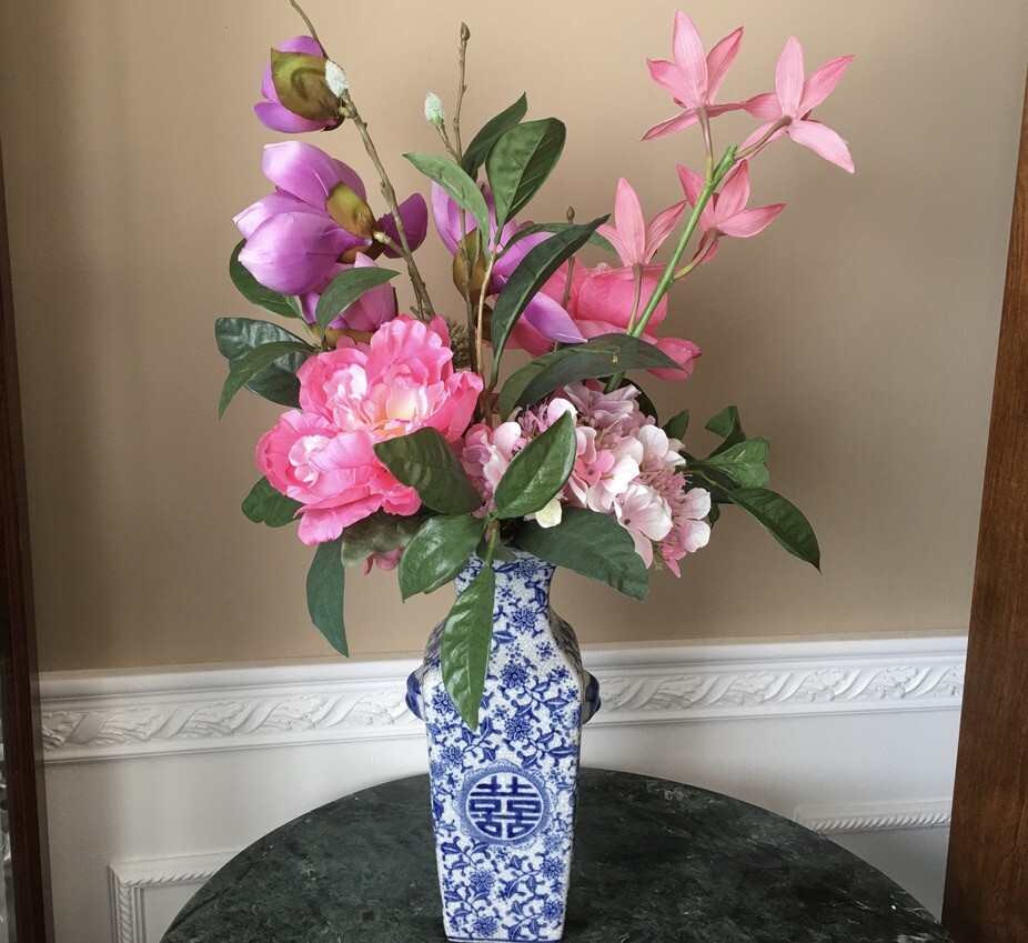 Chinese Blue White Double Happiness Vase Artificial White, Purple Pink Flowers