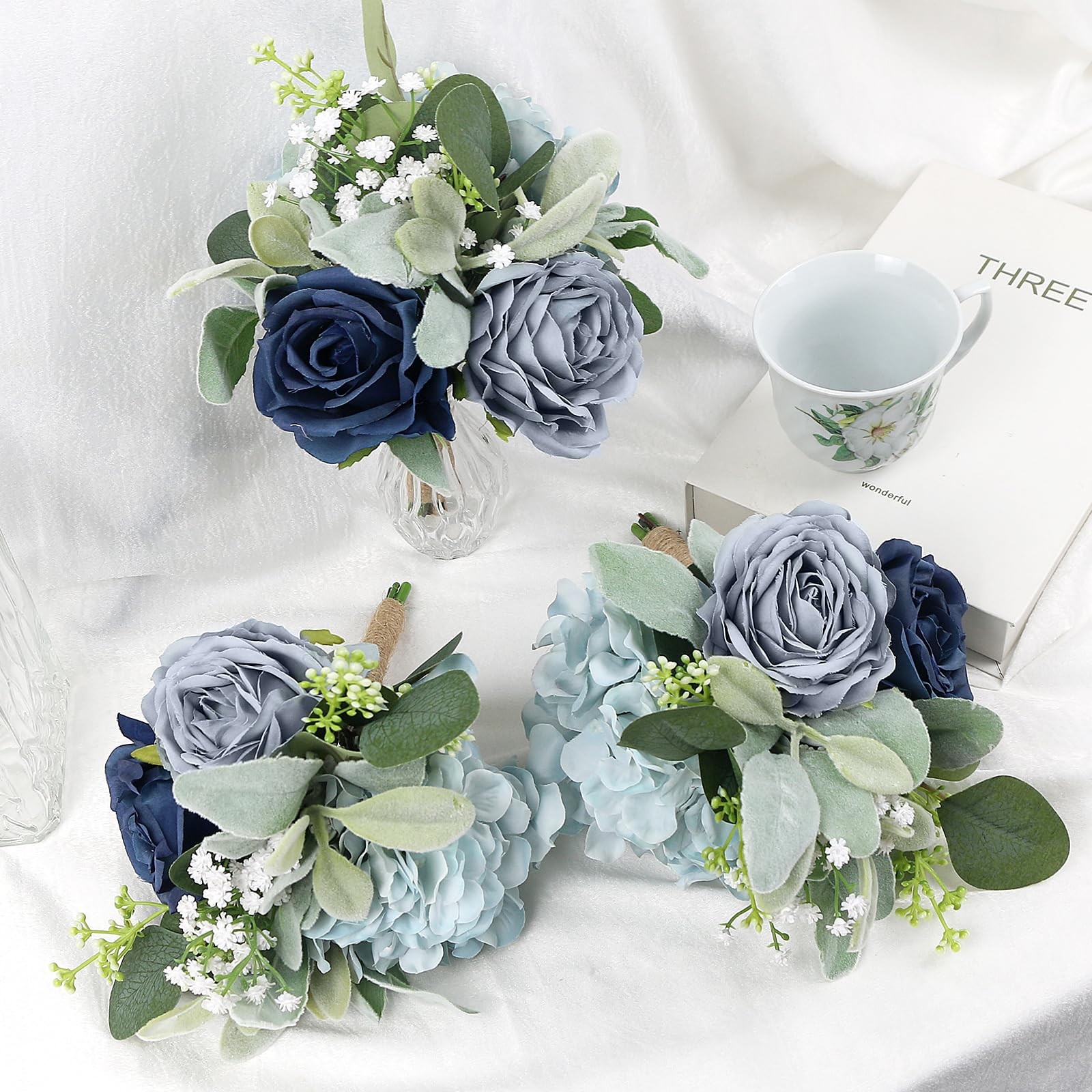 4 PCS 7 Inch Blue Artificial Silk Rose Bridesmaid Wedding Bouquet Set