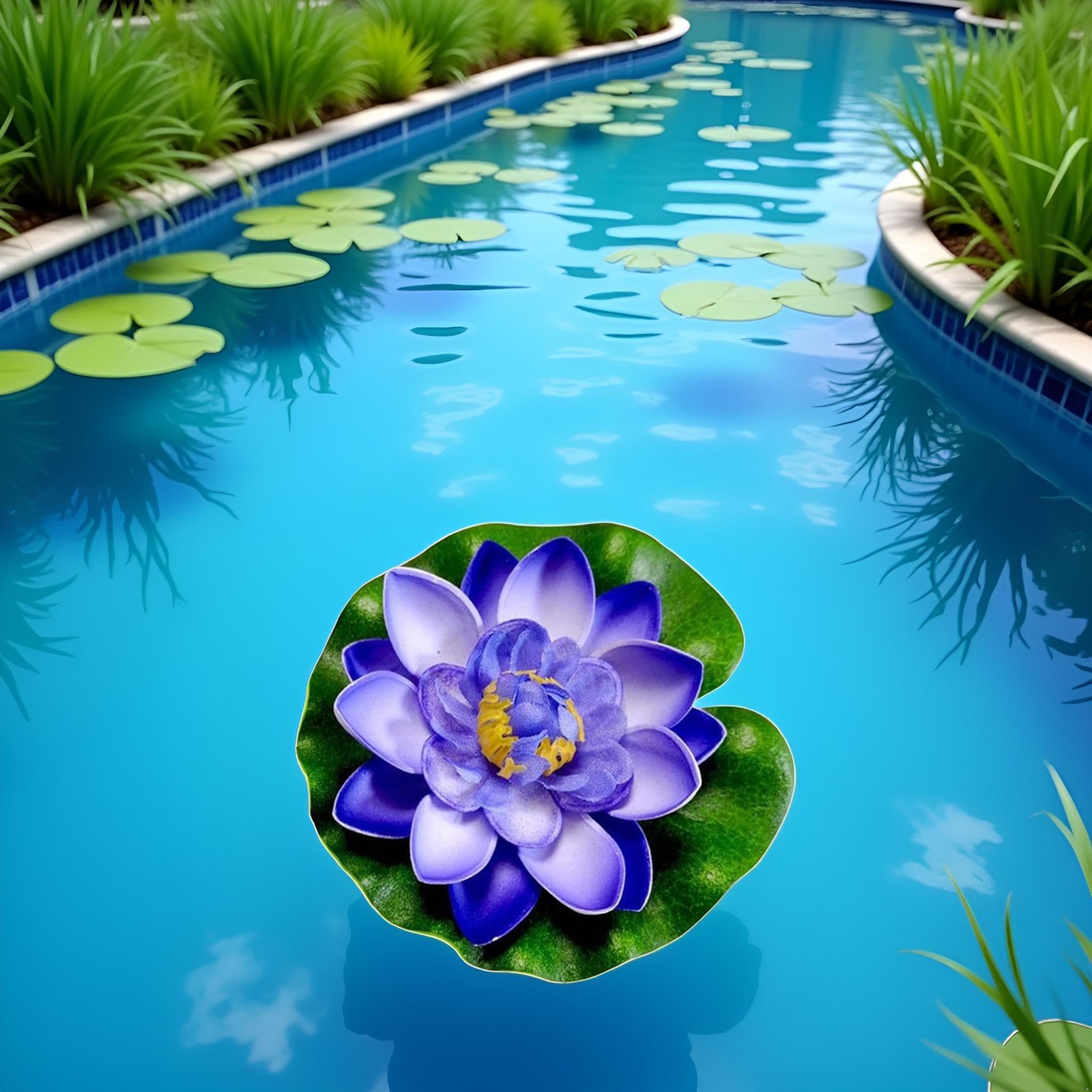 1pc Blue Artificial Floating Foam Lotus Flower with Water Lily Pad,Lifelike P…