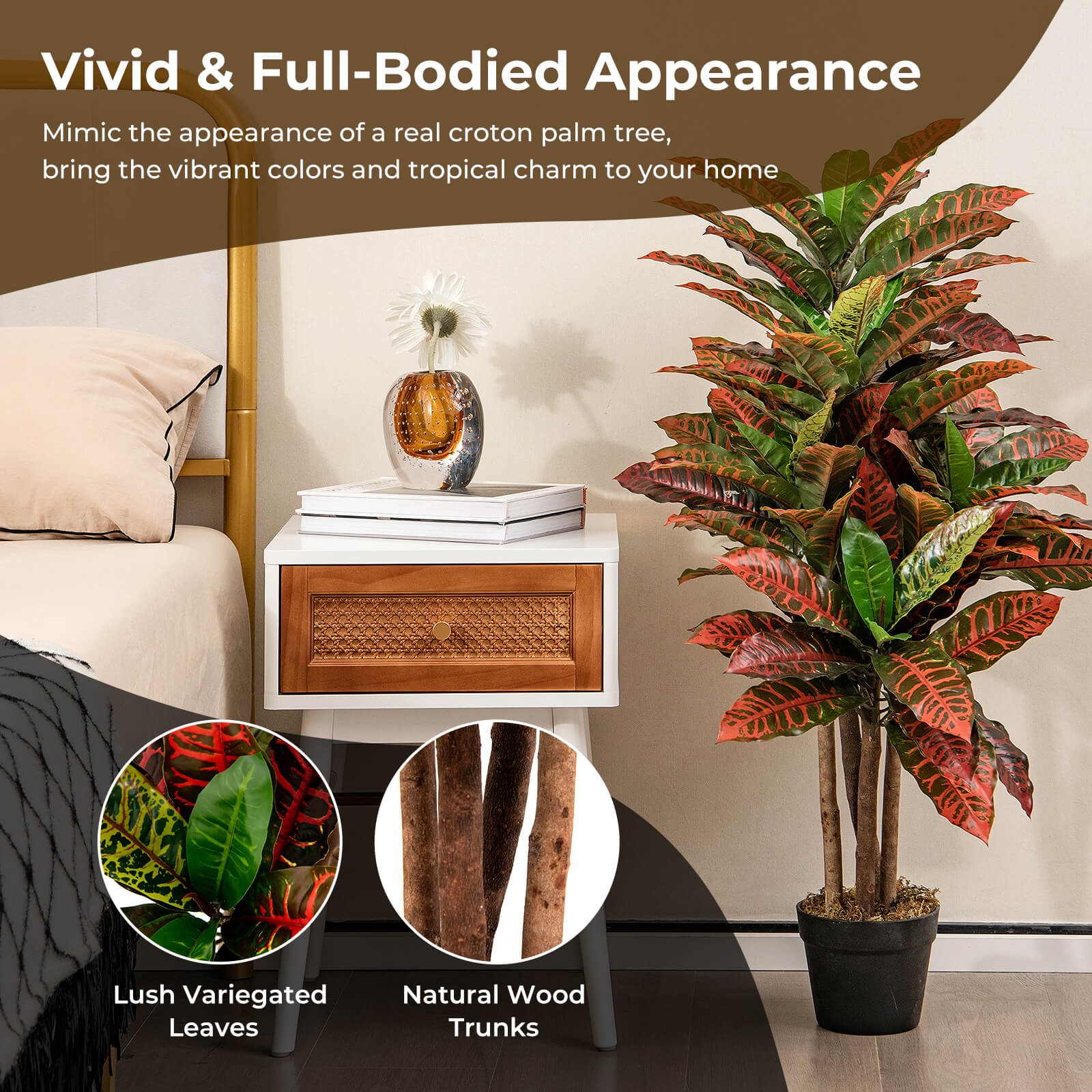 40″ Artificial Croton Plant Faux Leaf Fig Tree Rubber & Plastic Fabric Leaves