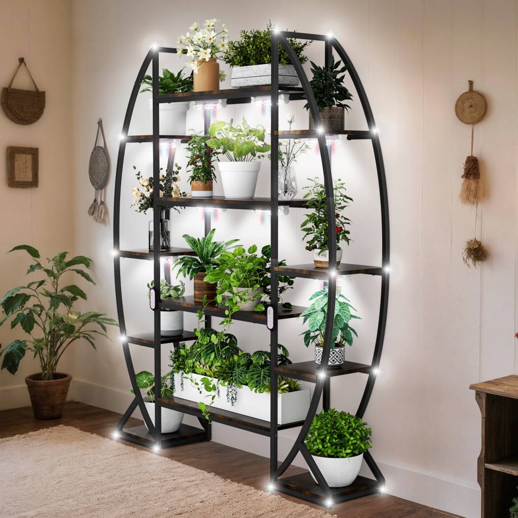 Heavy Duty Plant Stand with Grow Lightstall LED Half-moon Storage Display Shelf